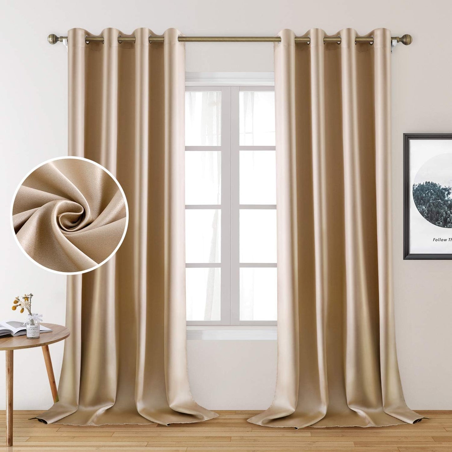 HOMEIDEAS Gold Blackout Curtains, Faux Silk for Bedroom 52 X 84 Inch Room Darkening Satin Thermal Insulated Drapes for Window, Indoor, Living Room, 2 Panels  HOMEIDEAS Beige/Champagne Gold 52" X 108" 