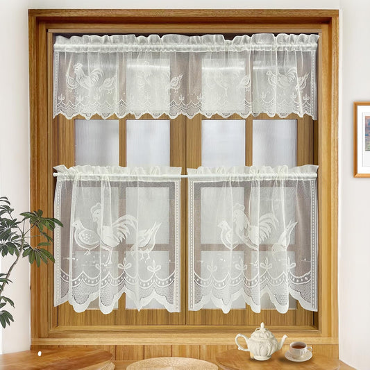 Ivory Lace Sheer Curtain Valance and Tier 3 Piece Kitchen Cafe Curtains Rooster Kitchen Curtain Panel Halloween Easter Tulle Door Curtain Rod Pocket Short Drapes Voile Window Treatment Set