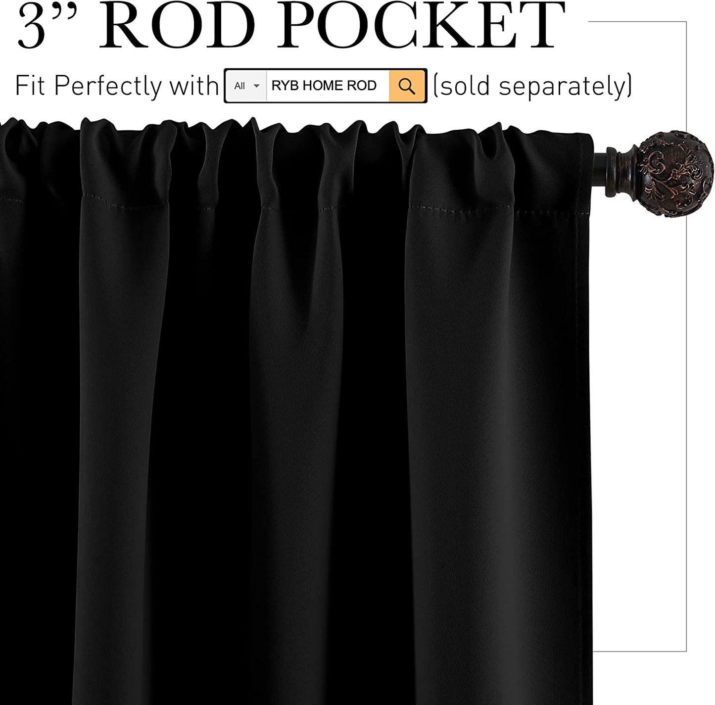 RYB HOME Bedroom Blackout Curtains - Black Curtains Solar Light Block Insulated Drapes Energy Saving for Bedroom Dining Living Room, 42 X 45 Inches Long, Black, Set of 2  RYB HOME   