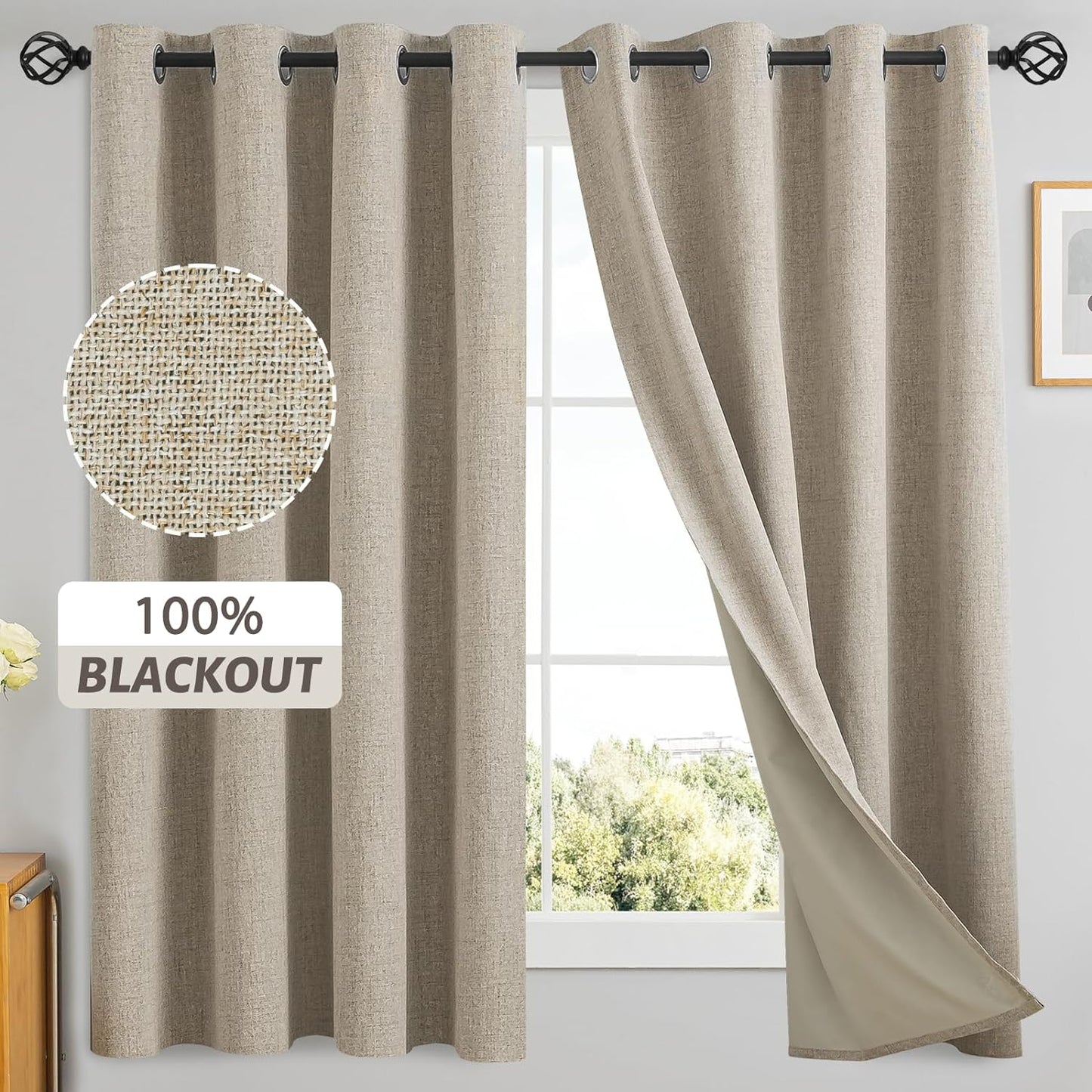 Yakamok Natural Linen Curtains 100% Blackout 84 Inches Long,Room Darkening Textured Curtains for Living Room Thermal Grommet Bedroom Curtains 2 Panels with Greyish White Liner  Yakamok Natural Linen 52W X 63L / 2 Panels 