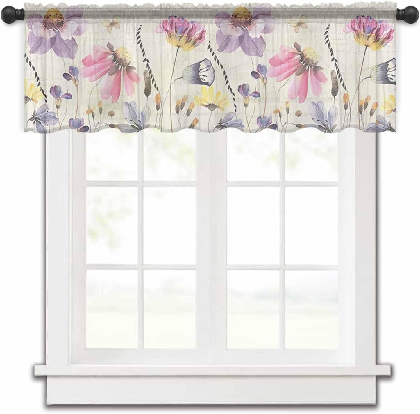 Pink Purple Floral Valance Curtains for Kitchen/Living Room/Bathroom/Bedroom Window,Rod Pocket Small Topper Half Short Window Curtains Voile Sheer Scarf, Vintage Country Botanical Watercolor 54"X18"