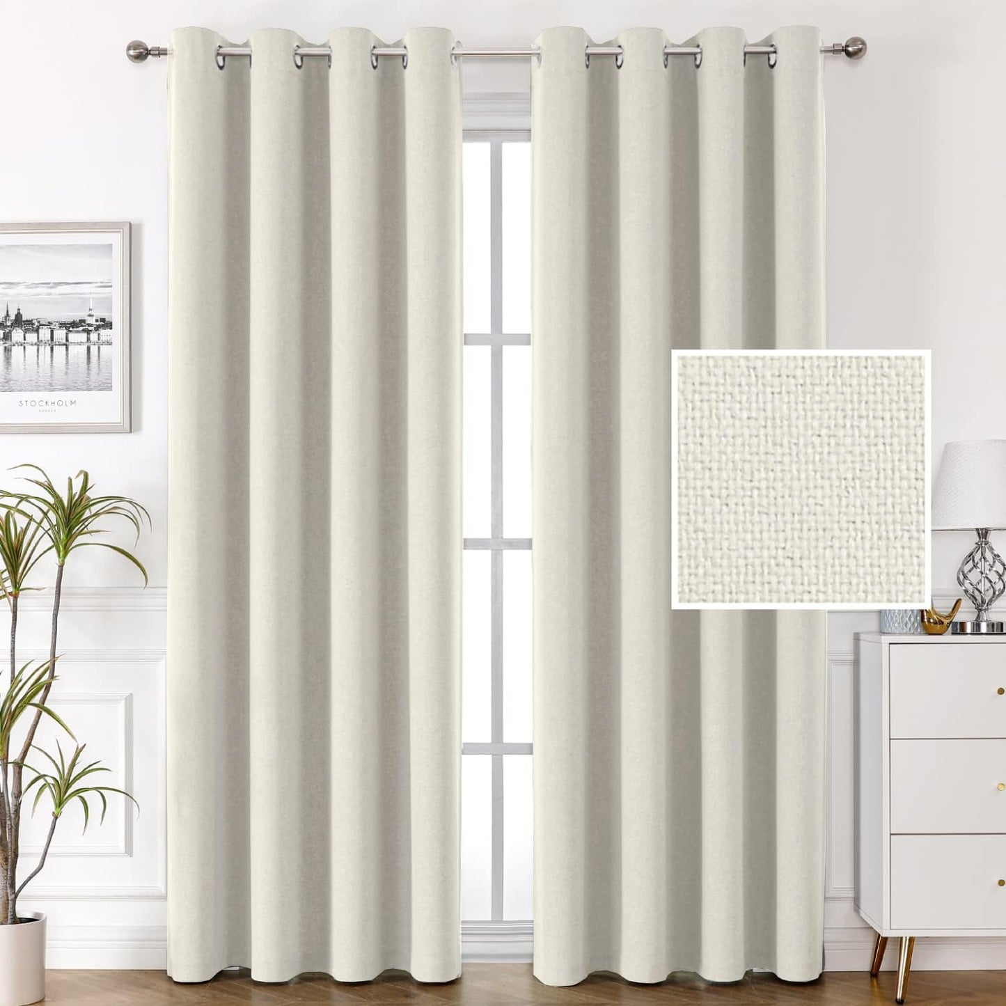 H.VERSAILTEX 100% Blackout Linen Look Curtains Thermal Insulated Curtains for Living Room Textured Burlap Drapes for Bedroom Grommet Linen Noise Blocking Curtains 42 X 84 Inch, 2 Panels - Sage  H.VERSAILTEX Ivory 52"W X 96"L 