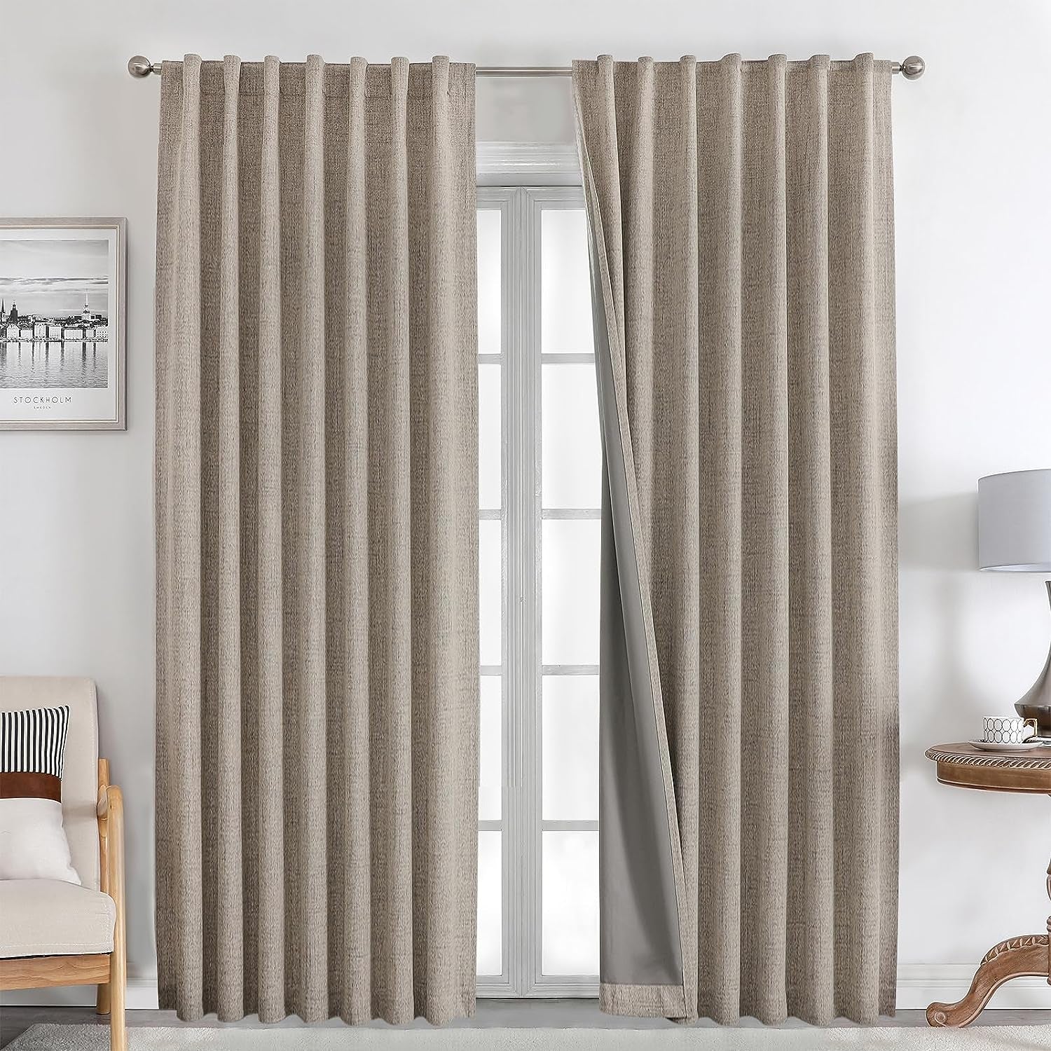 Joydeco 100% Black Out Curtains 96 Inch Long 1 Panels Burg Natural Blackout Linen Drapes for Bedroom Living Room Darkening Curtain Thermal Insulated Back Tab Rod Pocket(70X96 Inch,Black)  Joydeco Linen 52W X 90L Inch X 2 Panels 