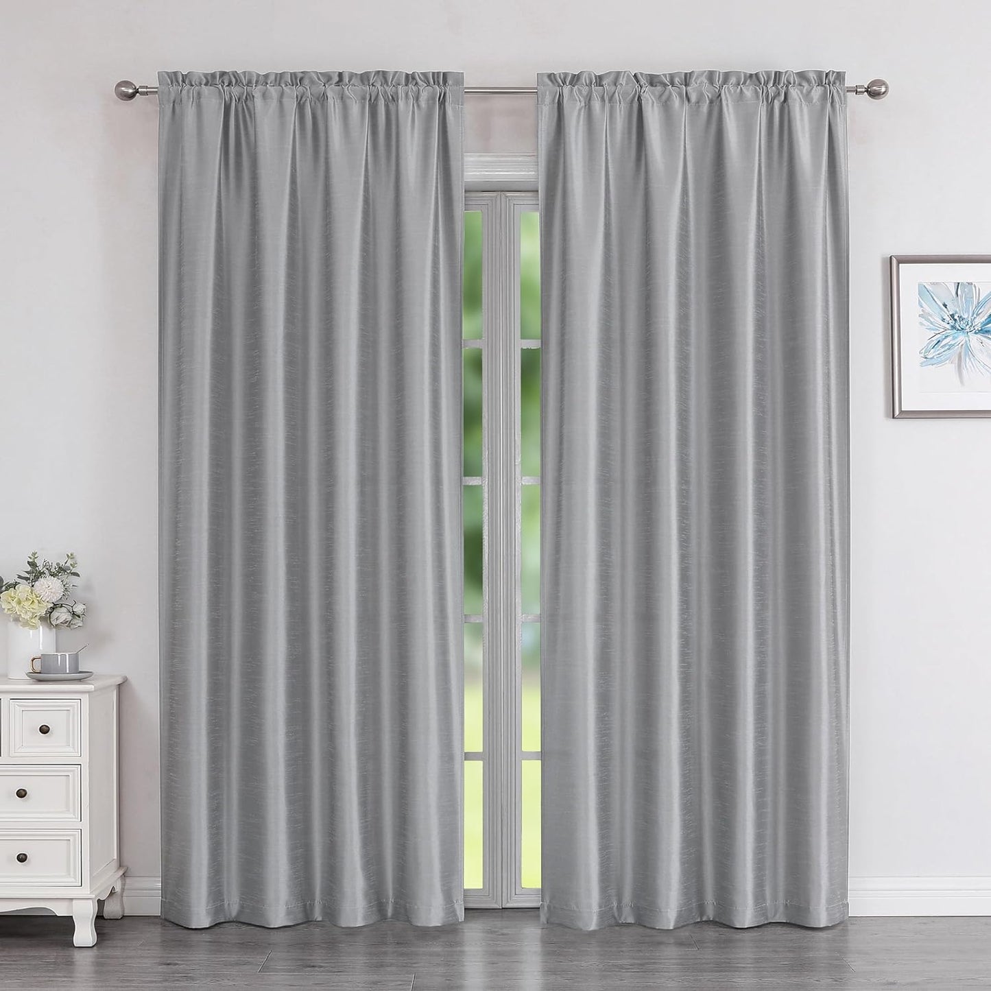 Chyhomenyc Uptown Sage Green Kitchen Curtains 45 Inch Length 2 Panels, Room Darkening Faux Silk Chic Fabric Short Window Curtains for Bedroom Living Room, Each 30Wx45L  Chyhomenyc Silver Gray 2X40"Wx84"L 