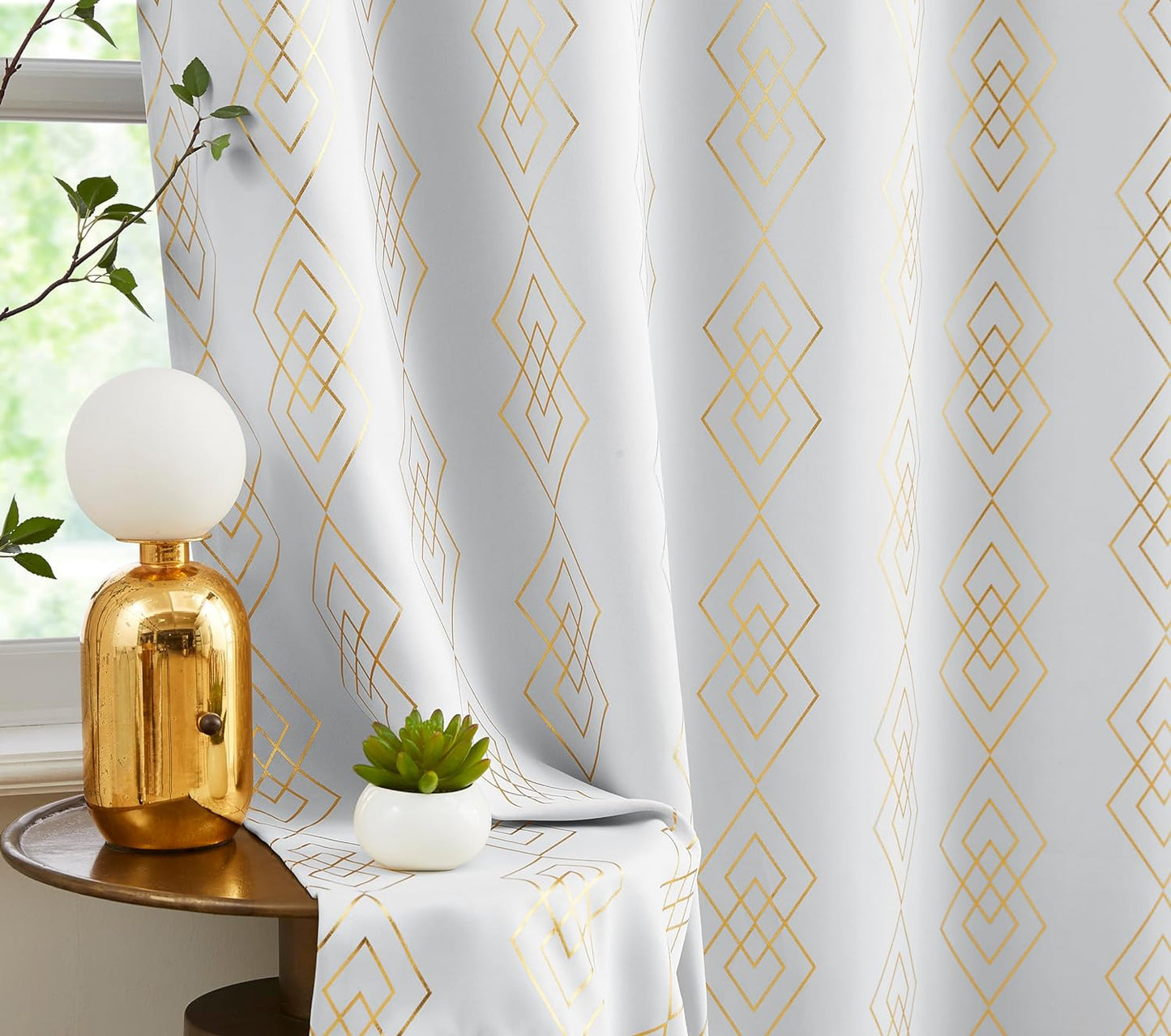 Metallic Geo Blackout Curtain Panels for Bedroom Thermal Insulated Light Blocking Foil Trellis Moroccan Window Treatments Diamond Grommet Drapes for Living-Room, Set of 2, 50" X 84", Beige/Gold  ugoutry Geometric White 50"X63"X2 