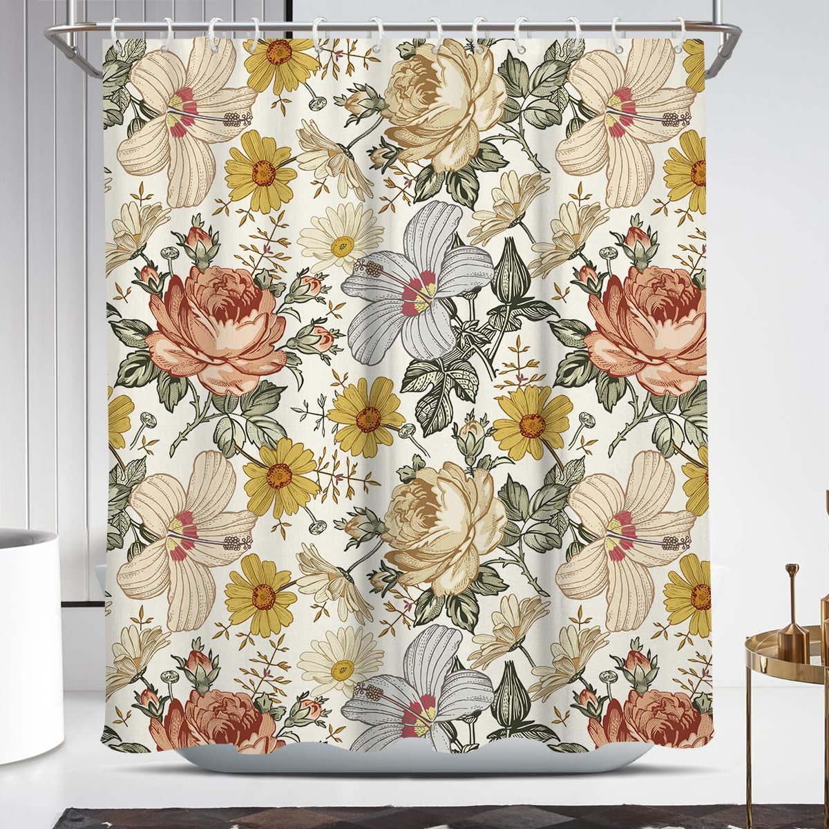 Coxila Floral Shower Curtain Vintage Flower Retro Plant Watercolor Dark Mustard Yellow Colorful Peony Pale Printed 60 X 72 Inch Polyester Fabric Waterproof 12 Pack Hooks