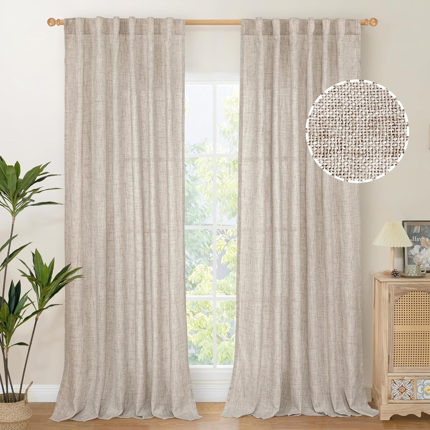 Youngstex Natural Linen Curtains 72 Inch Length 2 Panels for Living Room Light Filtering Textured Window Drapes for Bedroom Dining Office Back Tab Rod Pocket, 52 X 72 Inch  YoungsTex Natural 52W X 95L 