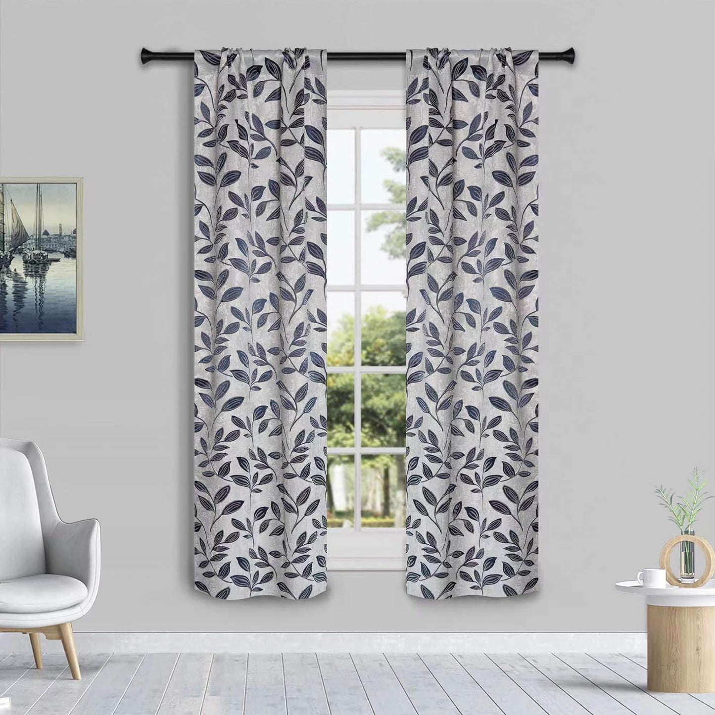 Superior Blackout Curtains, Room Darkening Window Accent for Bedroom, Sun Blocking, Thermal, Modern Bohemian Curtains, Leaves Collection, Set of 2 Panels, Rod Pocket - 52 in X 63 In, Nickel Black  Home City Inc. White-Navy Blue 26 In X 63 In (W X L) 