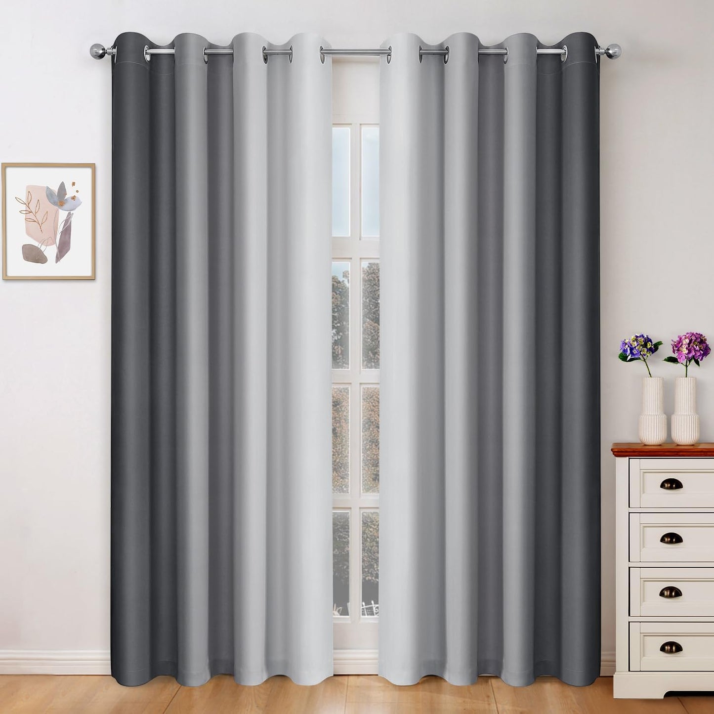 HOMEIDEAS Navy Blue Ombre Blackout Curtains 52 X 84 Inch Length Gradient Room Darkening Thermal Insulated Energy Saving Grommet 2 Panels Window Drapes for Living Room/Bedroom  HOMEIDEAS Grey 1 52"W X 96"L 