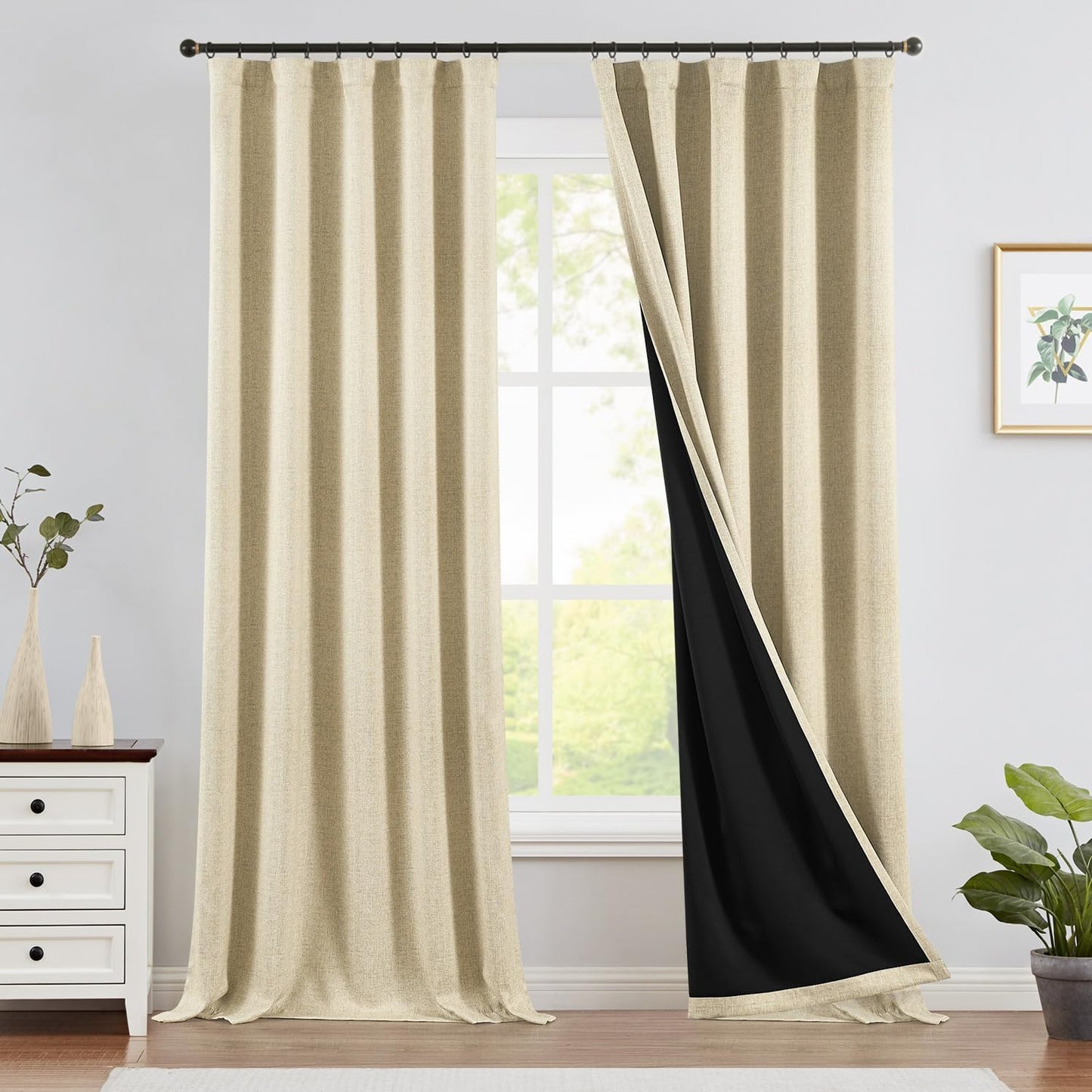 JINCHAN 100% Blackout Curtains for Bedroom, 90 Inch Length Linen Textured Drapes for Living Room, Thermal Insulated Full Light Blocking Curtains, Grommet Top Window Treatments 2 Panels Heathered White  CKNY HOME FASHION Smooth | Beige 96"L 
