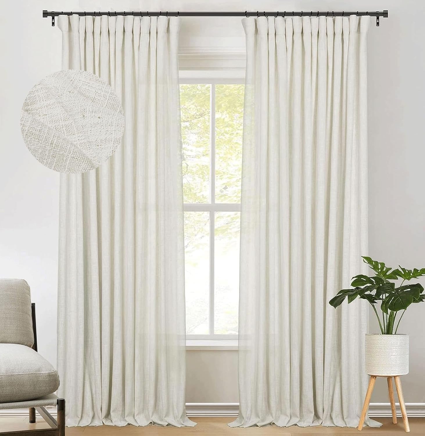 Zeerobee Beige White Linen Curtains for Living Room/Bedroom Linen Curtains 96 Inches Long 2 Panels Linen Drapes Farmhouse Pinch Pleated Curtains Light Filtering Privacy Curtains, W50 X L96  zeerobee 04 Ivory 50"W X 84"L 