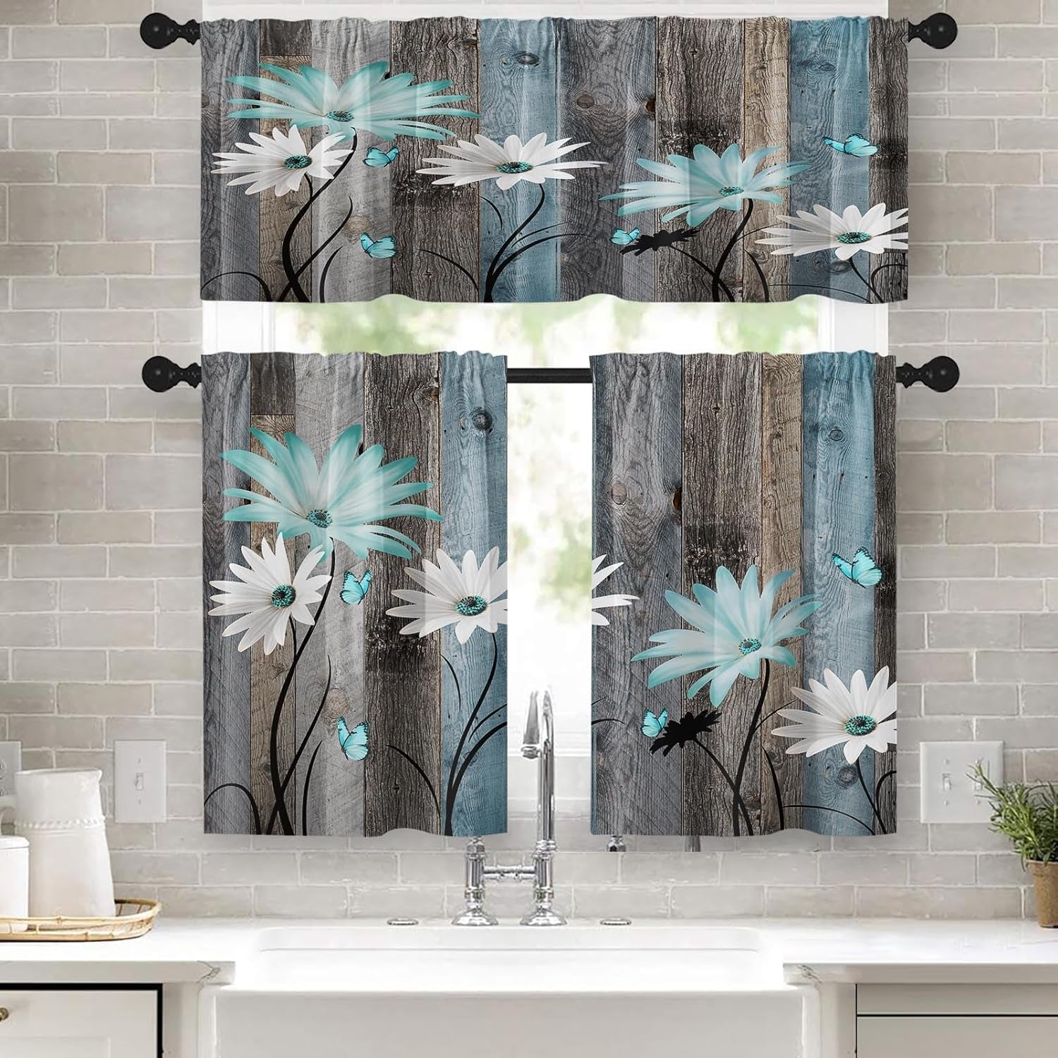 Farmhouse Floral Kitchen Window Curtains Valance and Tier Set 36 Inch, Watercolor Flower Vase Inspirational Quote 3 Piece Window Treatment Tiers Country Wooden Kitchen Decor Drapes