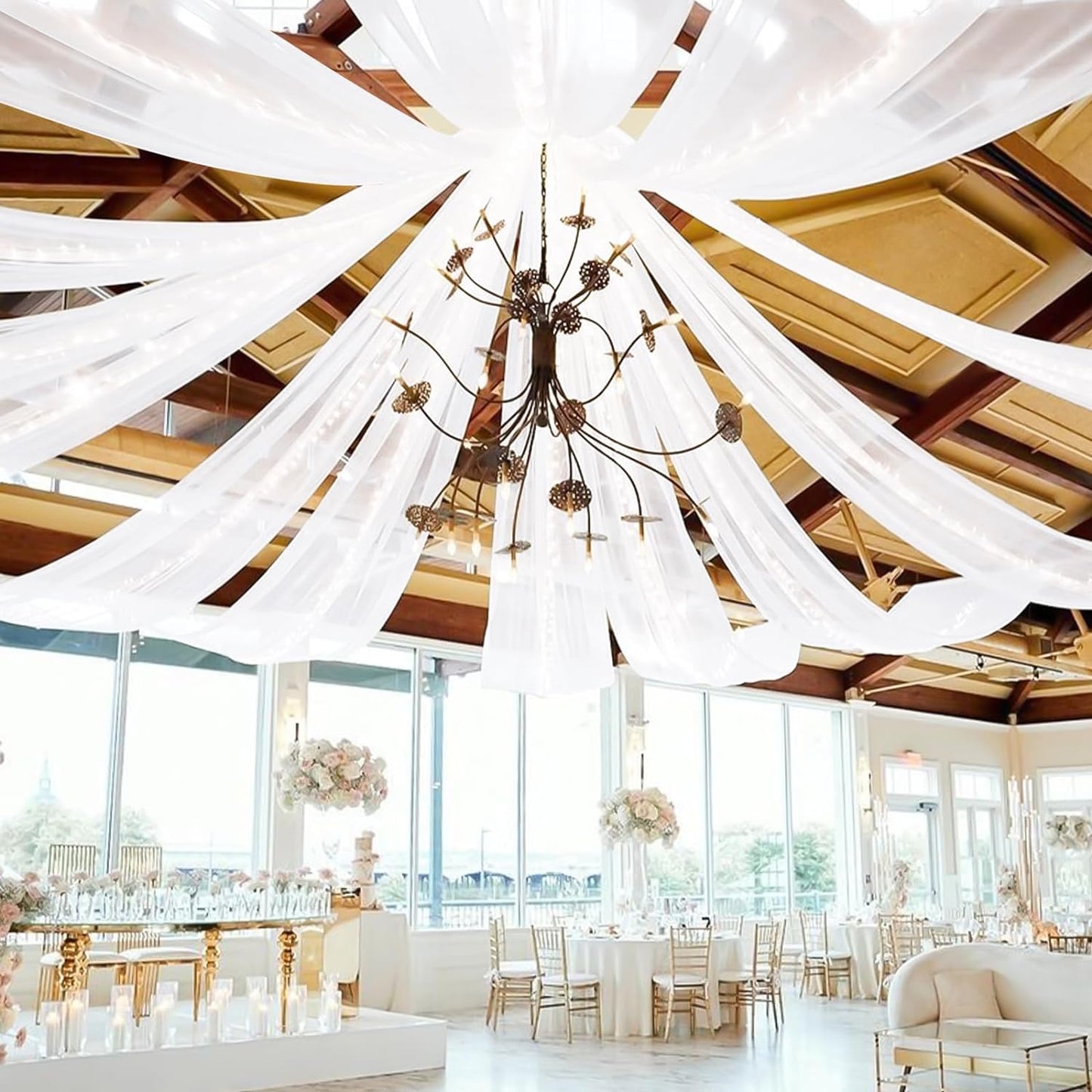 6 Panels White Ceiling Drapes for Wedding Ceiling Drapes 5Ftx20Ft Wedding Arch Draping Fabric Sheer Curtains Voile Chiffon Drapery Draping Wedding Ceiling Decorations for Party Ceremony Stage Swag  Showgeous White 2 Panel-5Ftx10Ft(60"Wx120"L) 