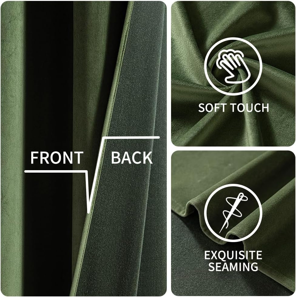 EMEMA Olive Green Velvet Curtains 84 Inch Length 2 Panels Set, Room Darkening Luxury Curtains, Grommet Thermal Insulated Drapes, Window Curtains for Living Room, W52 X L84, Olive Green  EMEMA   