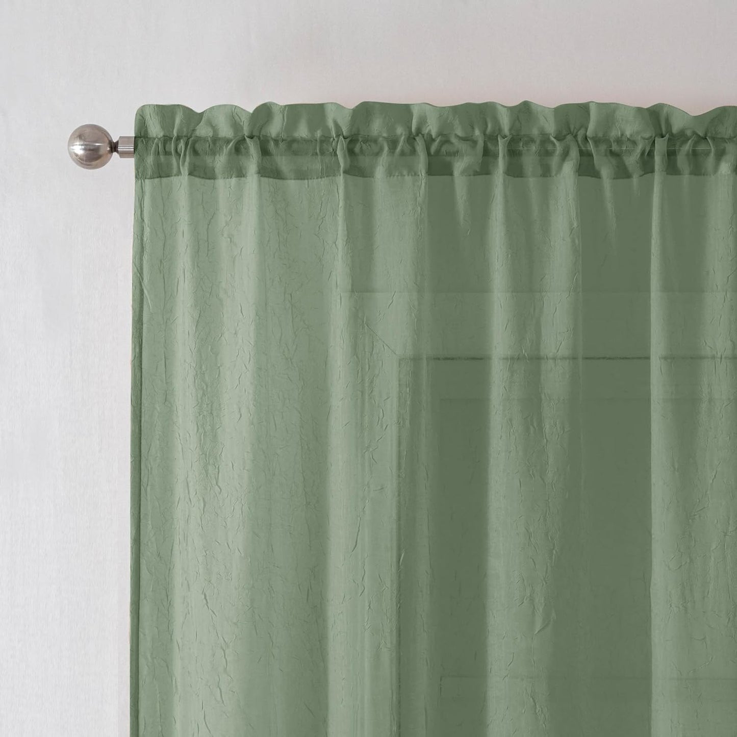 Chyhomenyc Crushed White Sheer Valances for Window 14 Inch Length 2 PCS, Crinkle Voile Short Kitchen Curtains with Dual Rod Pockets，Gauzy Bedroom Curtain Valance，Each 42Wx14L Inches  Chyhomenyc Sage Green 42 W X 36 L 