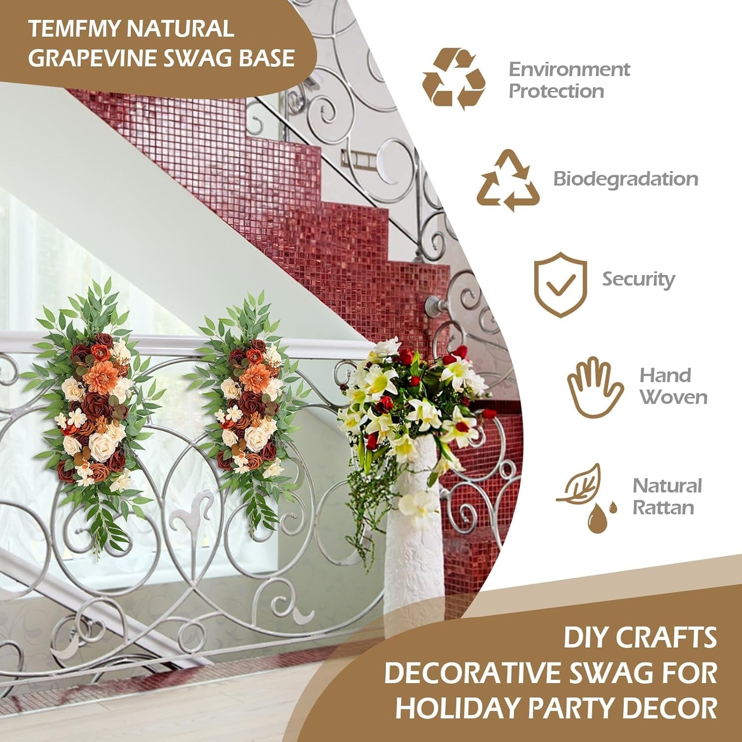 Natural Grapevine Swag Base, 6 PCS, DIY Crafts Decorative Swag for Holiday Party Decor