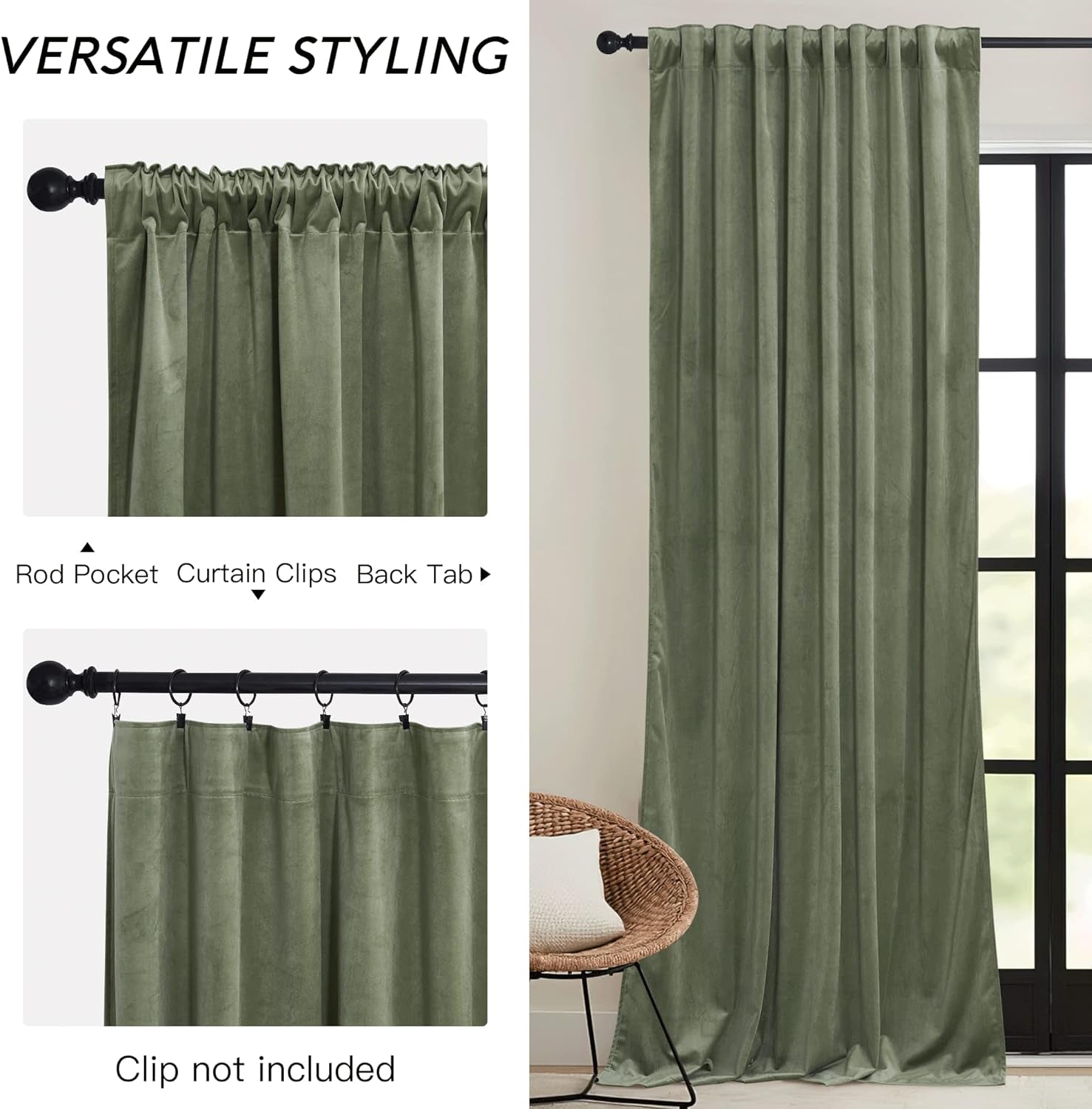 RYB HOME Sage Green Velvet Curtains 84 Inch, Room Darkening Super Soft Velvet Drapes for Living Room Thermal Insulated Pleat Tapes Window Treatment for Bedroom Playroom, W52 X L84 Inch, 2 Panels  RYB HOME   