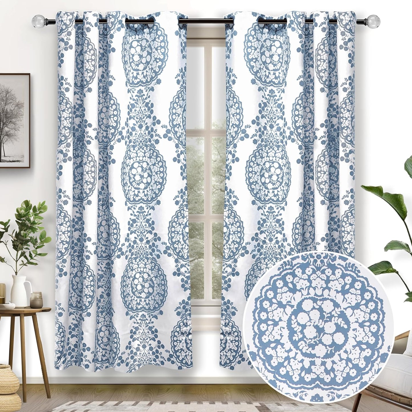 Driftaway Damask Curtains for Kitchen Bathroom Laundry Room Small Windows Floral Damask Medallion Patterned Adjustable Tie up Curtain Single 45 Inch by 63 Inch Dusty Blue  DriftAway Blue (15)52"X63"(Curtains) 