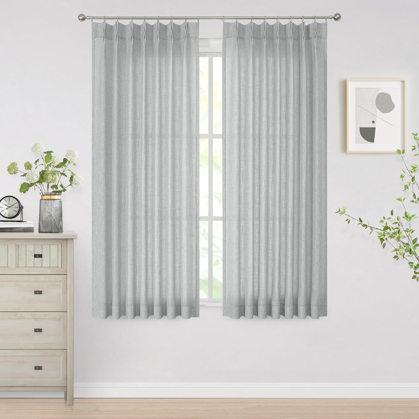 Vision Home Natural Pinch Pleated Semi Sheer Curtains Textured Linen Blended Light Filtering Window Curtains 84 Inch for Living Room Bedroom Pinch Pleat Drapes with Hooks 2 Panels 42" Wx84 L  Vision Home Silver Grey/Pinch 40"X72"X2 