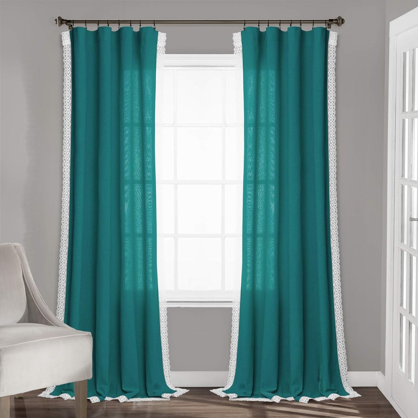 Lush Decor Rosalie Light Filtering Window Curtain Panel Set- Pair- Vintage Farmhouse & French Country Style Curtains - Timeless Dreamy Drape - Romantic Lace Trim - 54" W X 84" L, White  Triangle Home Fashions Turquoise Window Panel 54"W X 95"L