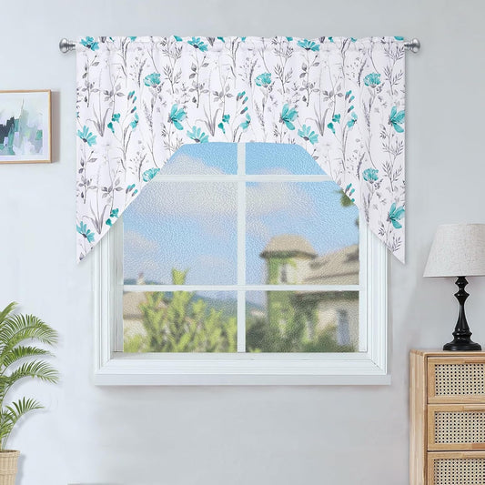 Floral Swag Valance for Window Watercolor Floral Kitchen Valance Swag Teal Flowers Valance for Kitchen Window Rod Pocket Valance Curtain for Bathroom Study Room Living Room, 60" W X 36" L