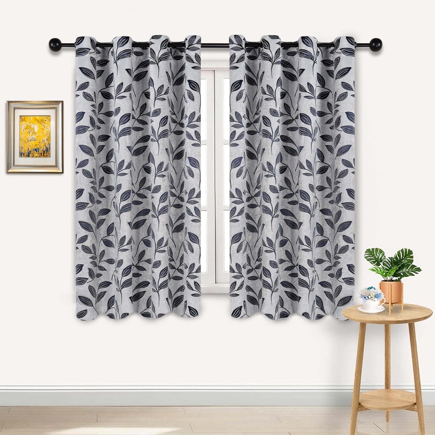 Superior Blackout Curtains, Room Darkening Window Accent for Bedroom, Sun Blocking, Thermal, Modern Bohemian Curtains, Leaves Collection, Set of 2 Panels, Rod Pocket - 52 in X 63 In, Nickel Black  Home City Inc. White-Navy Blue 52 In X 63 In (W X L) 