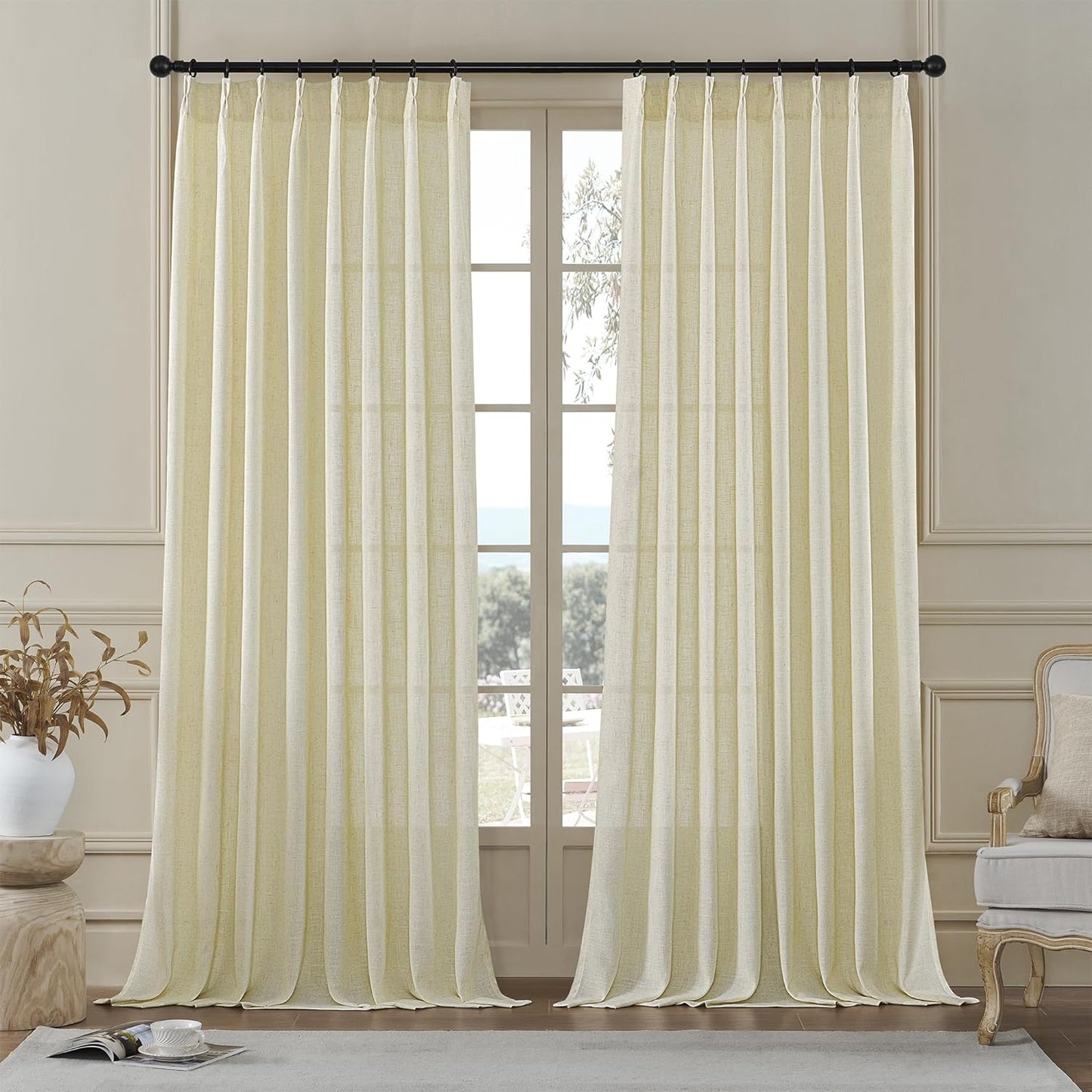 MASWOND White Pinch Pleated Curtains 90 Inches Long 2 Panels for Living Room Semi Sheer Linen Curtains Pinch Pleat Drapes for Traverse Rod Light Filtering Curtains for Dining Bedroom W38Xl90 Length  MASWOND Sand Beige 38X84 