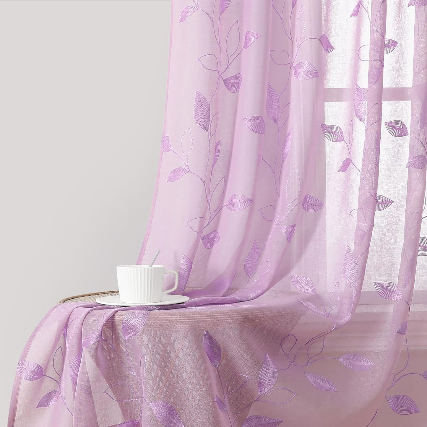 HOMEIDEAS Sage Green Sheer Curtains 52 X 63 Inches Length 2 Panels Embroidered Leaf Pattern Pocket Faux Linen Floral Semi Sheer Voile Window Curtains/Drapes for Bedroom Living Room  HOMEIDEAS Purple W52" X L63" 