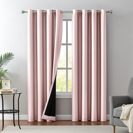 Melodieux Pink Blackout Curtains 84 Inches Long for Bedroom, Thermal Insulated Energy Saving Grommet Embossed Satin Drapes with Black Lining, 52 by 84 Inch, 2 Panels  Melodieux Light Pink 52"W X 84"L 