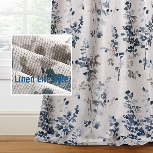 H.VERSAILTEX Linen Blackout Curtains 84 Inches Long Thermal Insulated Room Darkening Linen Curtains for Bedroom Textured Burlap Grommet Window Curtains for Living Room, Bluestone and Taupe, 2 Panels  H.VERSAILTEX Floral In Bluestone/Taupe 52"W X 96"L 