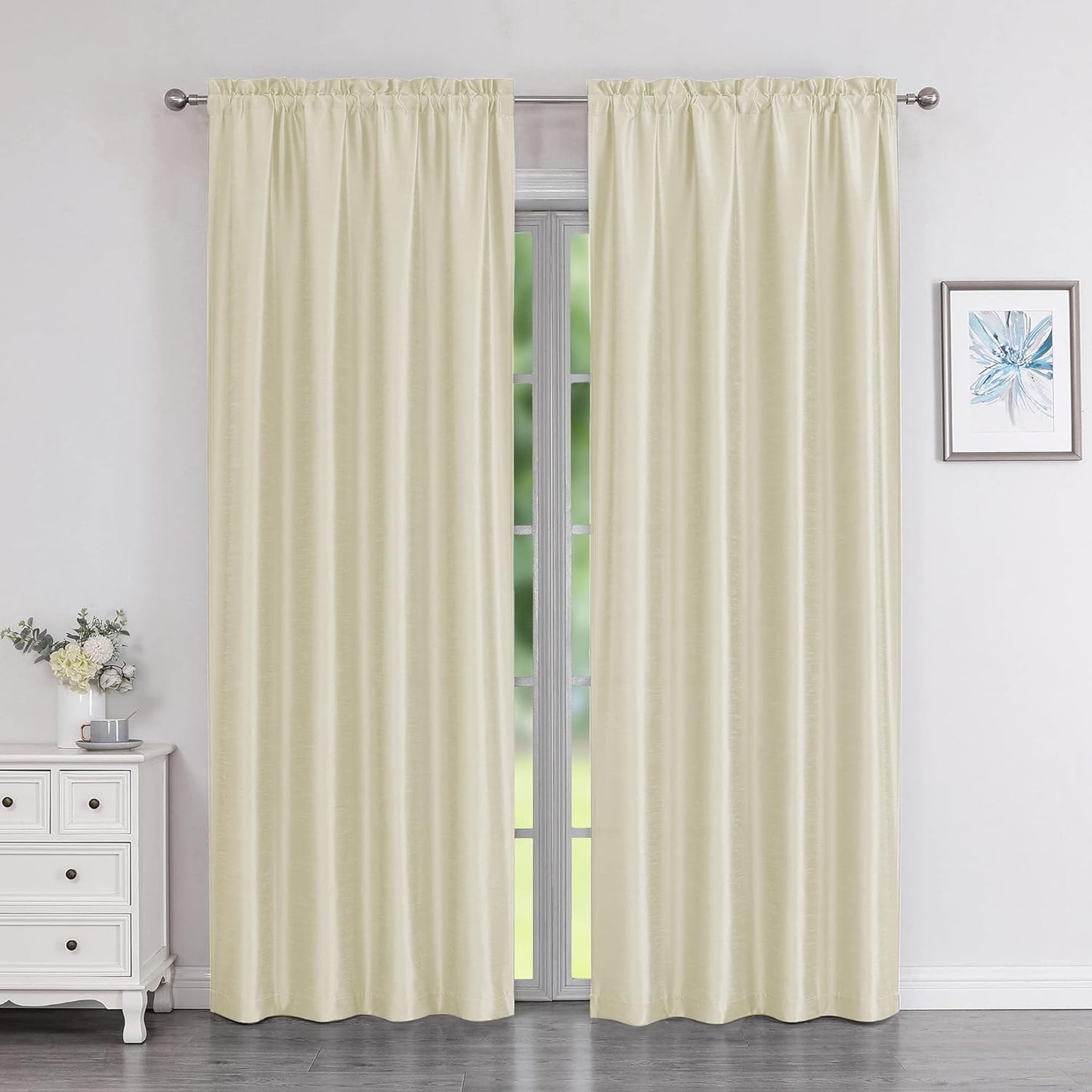 Chyhomenyc Uptown Sage Green Kitchen Curtains 45 Inch Length 2 Panels, Room Darkening Faux Silk Chic Fabric Short Window Curtains for Bedroom Living Room, Each 30Wx45L  Chyhomenyc Ivory 2X40"Wx84"L 