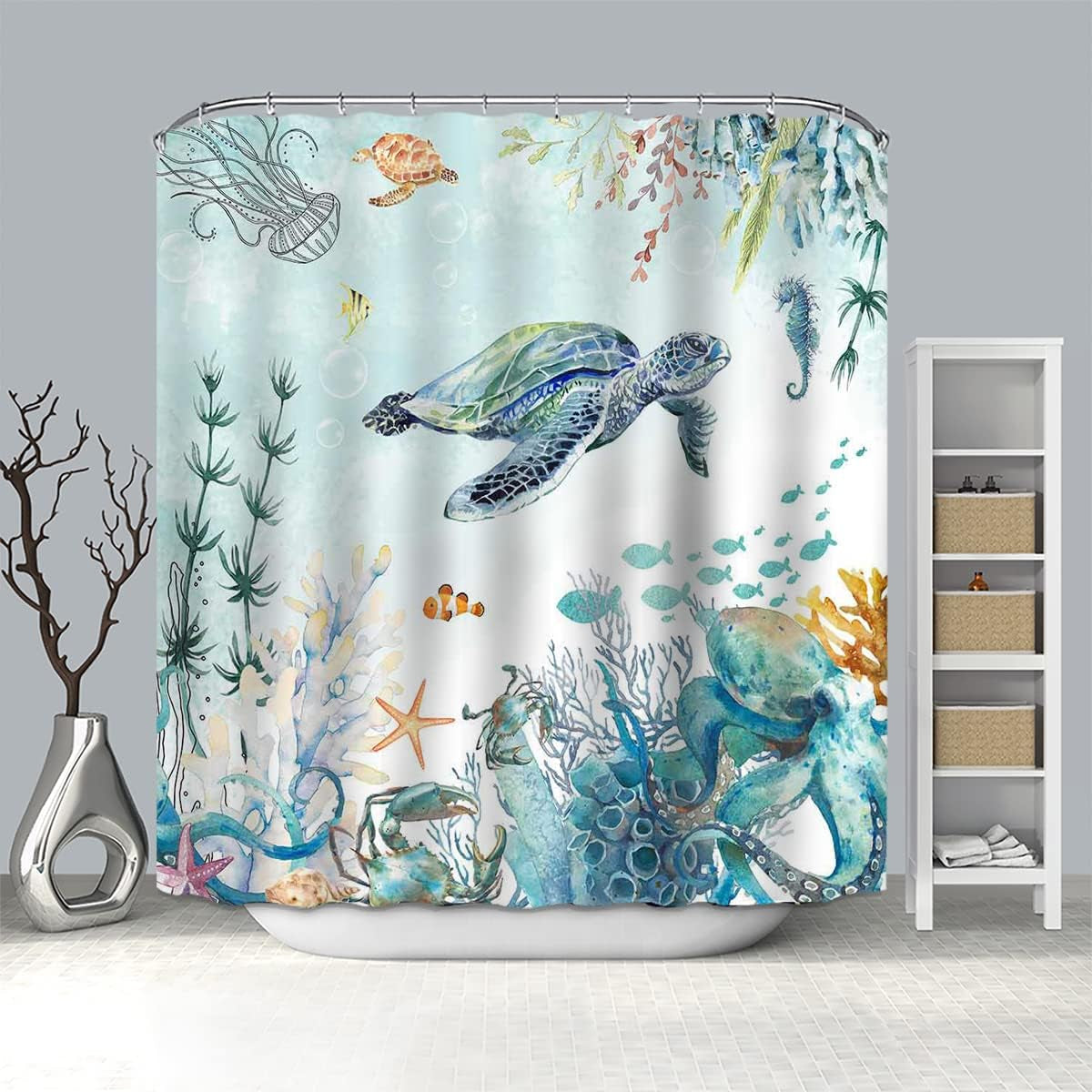 Mocsicka Sea Turtle Shower Curtain Ocean Animals Shower Curtain for Bathroom Underwater Coral Octopus Shower Curtain Set with 12 Hooks, 72X72 Inches
