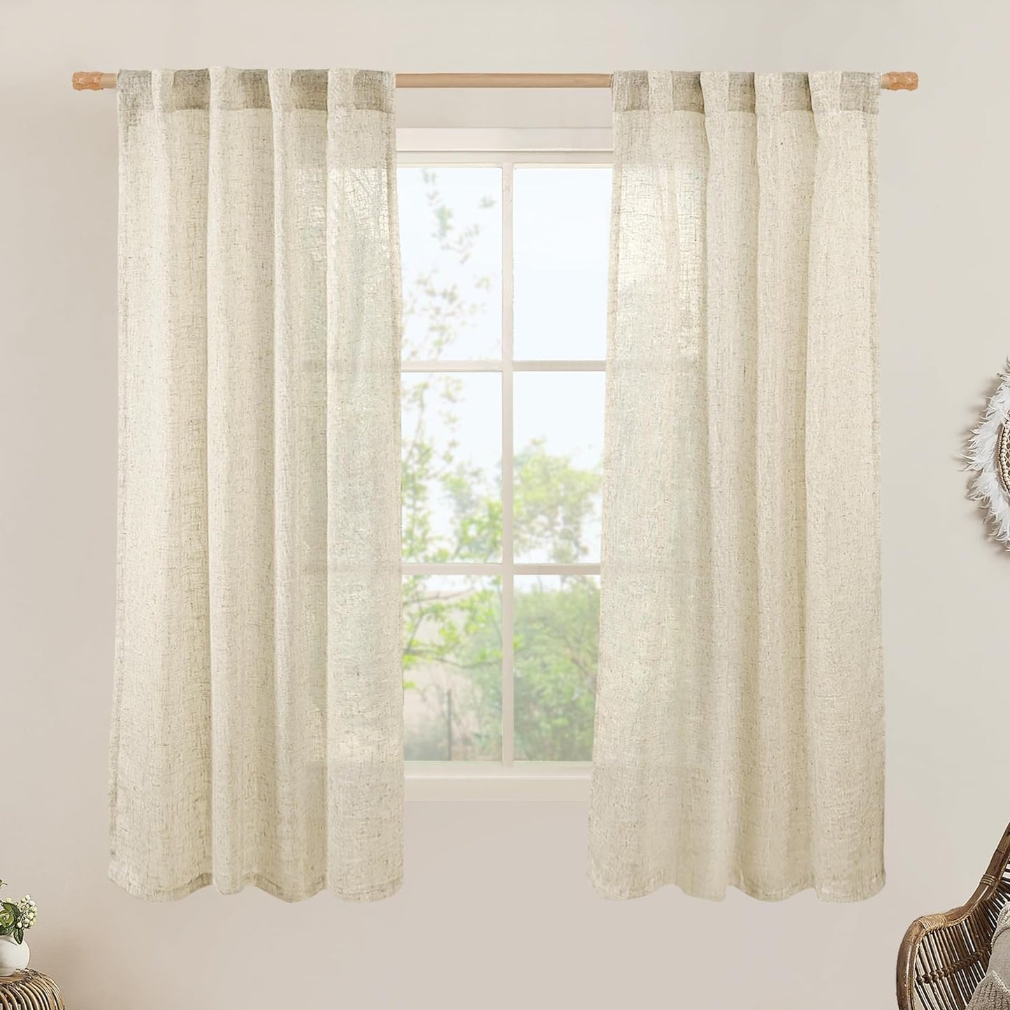 LAMIT Natural Linen Blended Curtains for Living Room, Back Tab and Rod Pocket Semi Sheer Curtains Light Filtering Country Rustic Drapes for Bedroom/Farmhouse, 2 Panels,52 X 108 Inch, Linen  LAMIT Beige 38W X 63L 