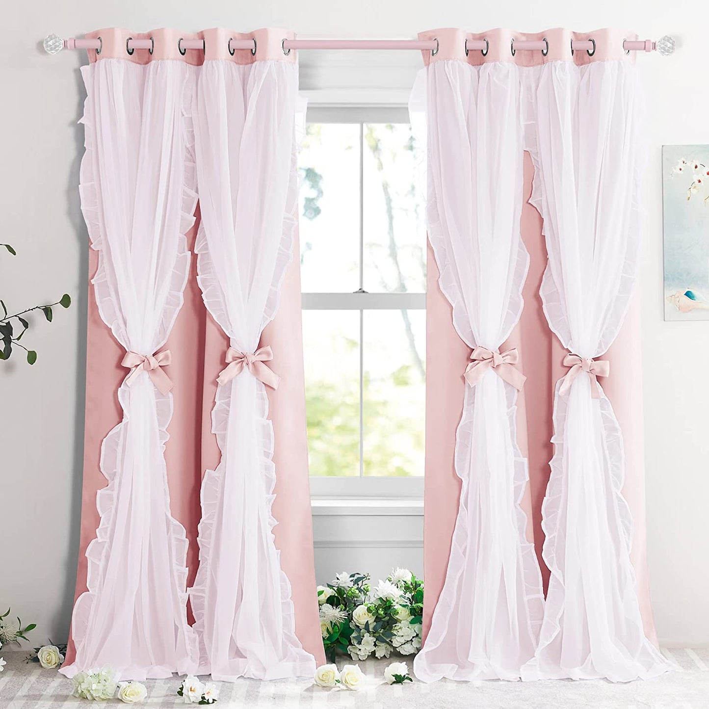 PONY DANCE Blackout Curtains for Living Room Decor Window Treatment Double Layer Drapes Ruffle Sheer Overlay Farmhouse Rustic Design, W 52 X L 84 Inches, Sage Green, 2 Panels  PONY DANCE Blush Pink 52" X 84" 