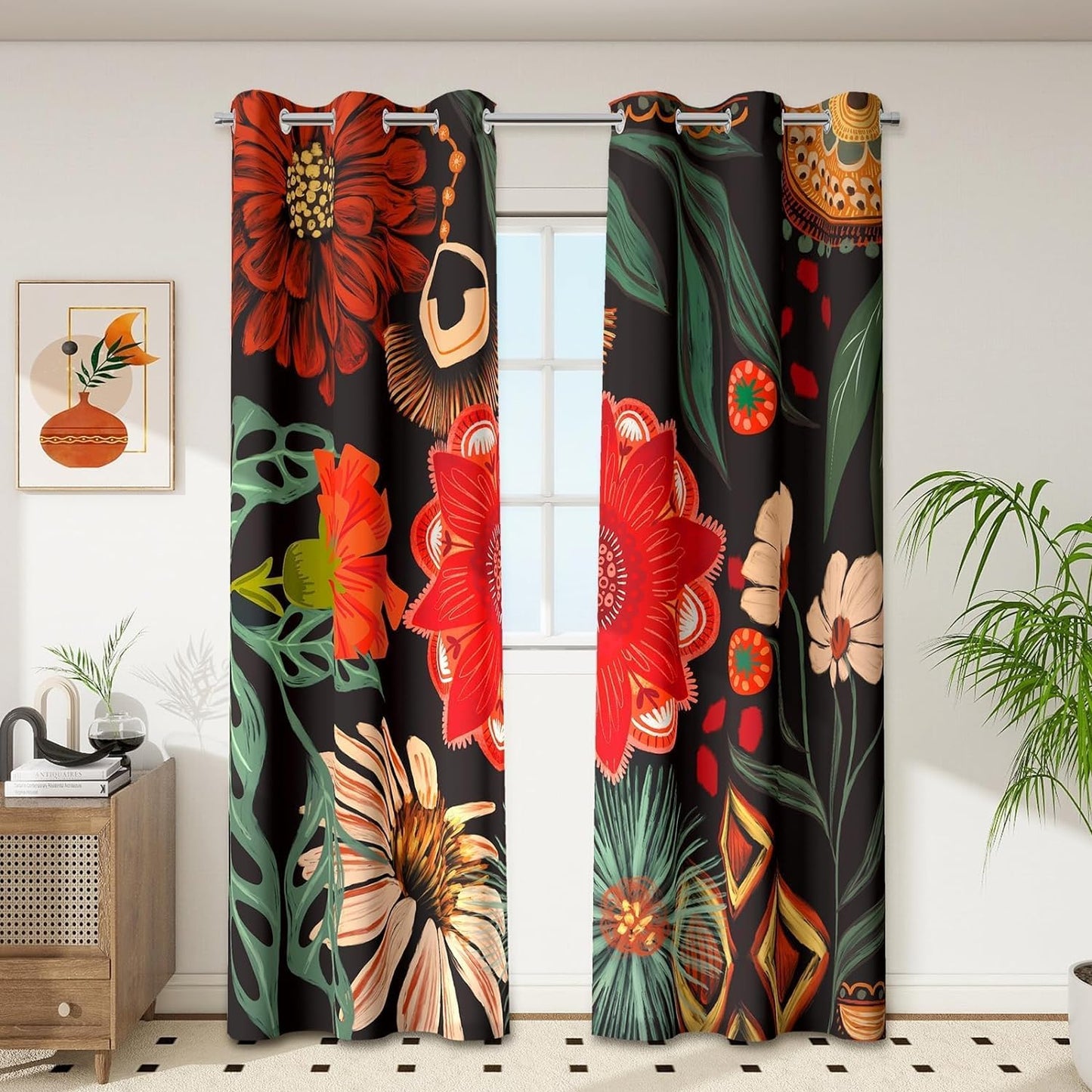 Boho Floral 100% Blackout Curtains for Living Room 96 Inch Long 2 Panels Mid Century Botanical Black Out Curtains for Bedroom Grommet Thermal Insulated Room Darkening Window Drapes,52Wx96L  Tyrot Black Boho Floral Print 42W X 63L Inch X 2 Panels 