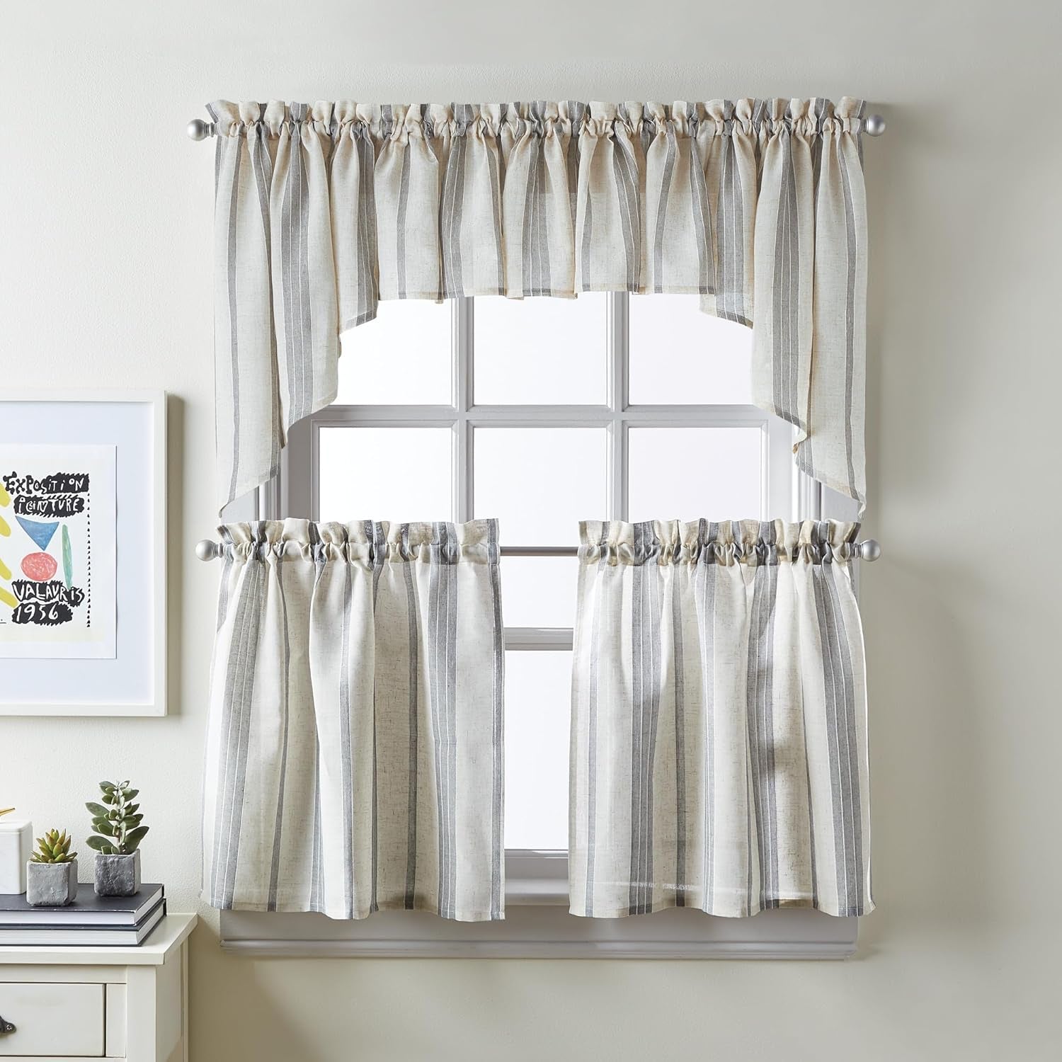 CHF Mckenzie Striped Window Kitchen Curtain Swag Pair, Rod Pocket, 27W X 30L Inch, Grey (Grey, 30-Inch Swag Pair)