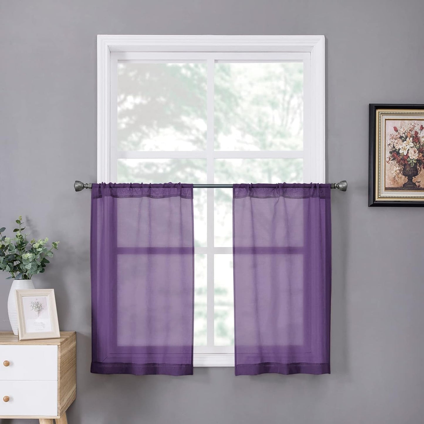 Tollpiz Short Sheer Curtains Linen Textured Bedroom Curtain Sheers Light Filtering Rod Pocket Voile Curtains for Living Room, 54 X 45 Inches Long, White, Set of 2 Panels  Tollpiz Tex Royal Purple 25"W X 36"L 