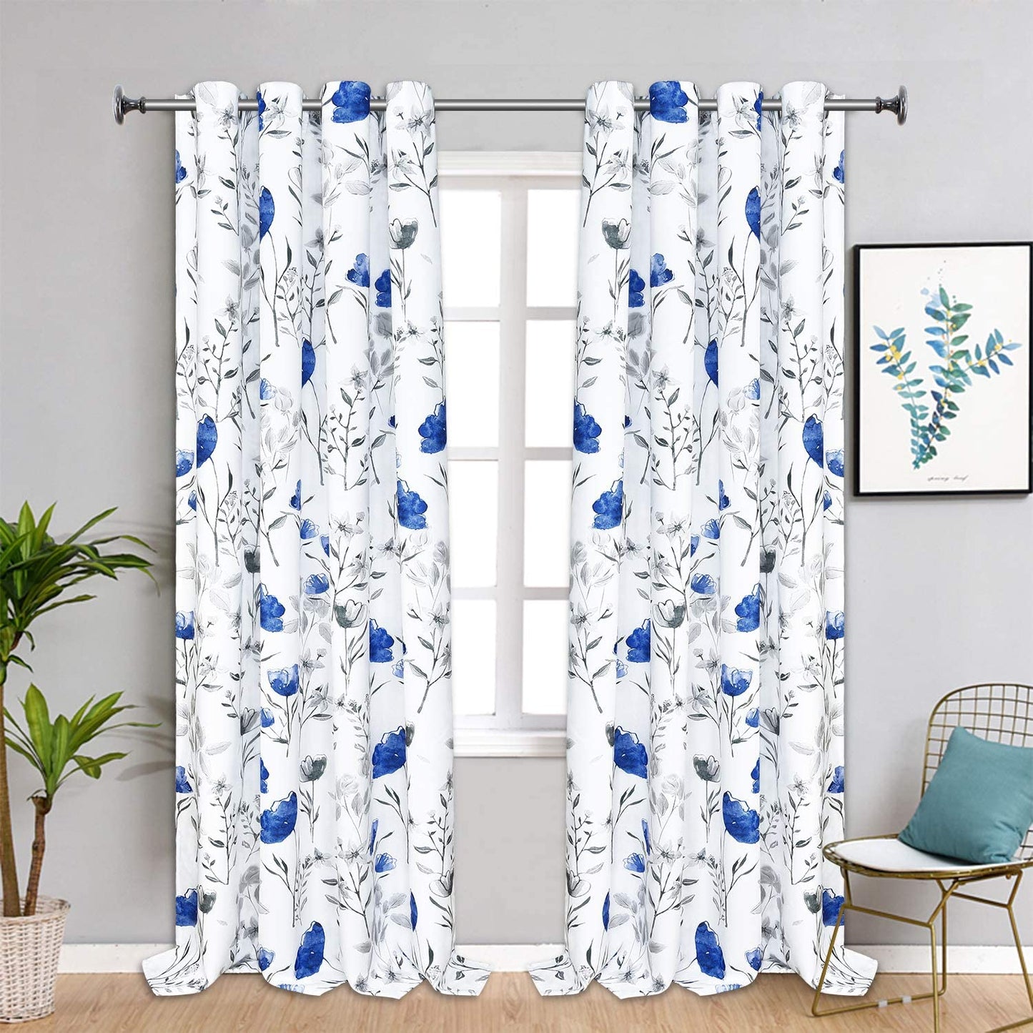 Likiyol Floral Kithchen Curtains 36 Inch Watercolor Flower Leaves Tier Curtains, Yellow and Gray Floral Cafe Curtains, Rod Pocket Small Window Curtain for Cafe Bathroom Bedroom Drapes  Likiyol Blue 84"L X 52"W 
