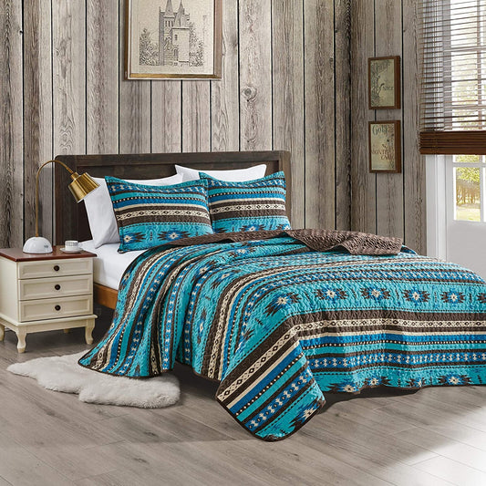 3-Piece Printed Oversize Queen Size Quilt Set, All-Season Bedspread, Native American Tribal Navajo Pattern Coverlet with Pillow Shams Bed Cover (Turquoise Blue, Brown, Khaki, Southwestern)