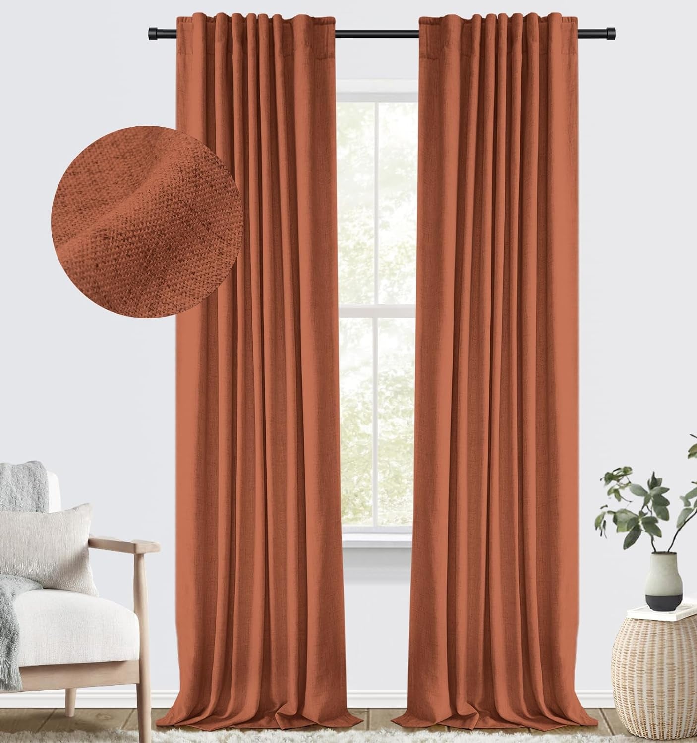 100% Blackout Shield Blackout Curtains for Bedroom Faux Linen Black Out Curtains 84 Inch Length 2 Panels Set, Back Tab/Rod Pocket Thermal Insulated Curtains with Black Liner, 50W X 84L, Dark Grey  100% Blackout Shield Orange 50''W X 108''L 