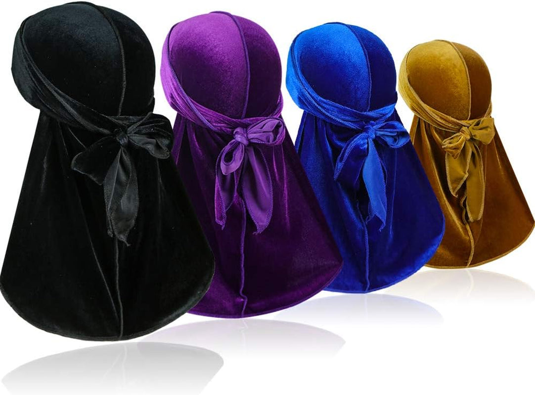 4 Pieces Men Velvet Durag with Long Tail Silky Durag Headwraps for 360 Waves