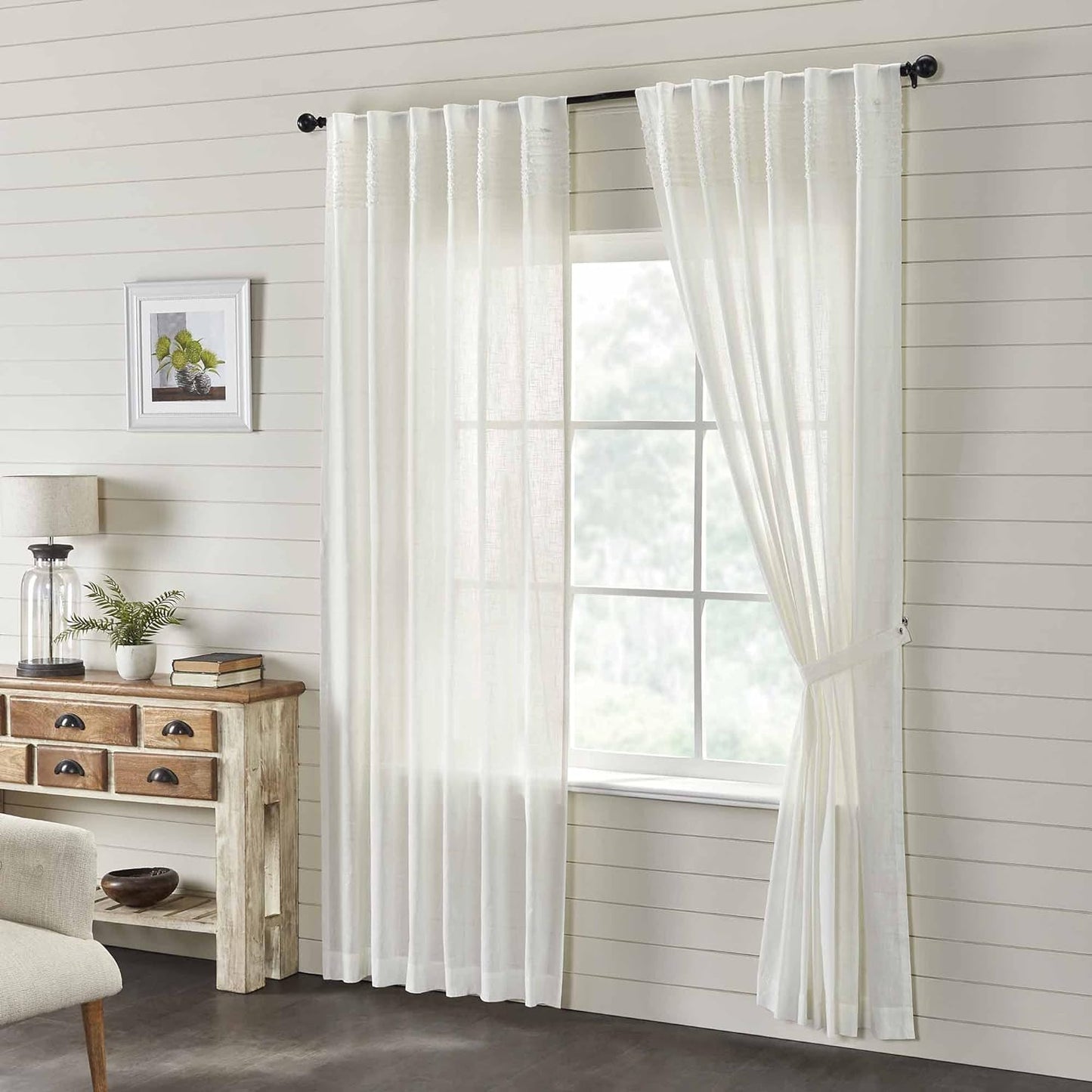 Kathryn Tier Curtains, Set of 2, 24" Long, Ruffled Curtains in a Linen-Look Soft White Cotton Semi-Sheer Fabric, Farmhouse, Cottage, Country Style Sheer Kitchen Café Curtains  Piper Classics 84" Panels  