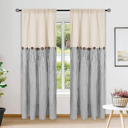 Cotton Linen Farmhouse Curtains Boho Rustic Button Curtains Natural and Dark Grey Stripe Color Block Curtain Rod Pocket & Back Tab Window Drapes for Bedroom Living Room(52 X 84 Inch, 2 Panels)  BLEUM CADE Dark Grey Stripe W52 X L84 