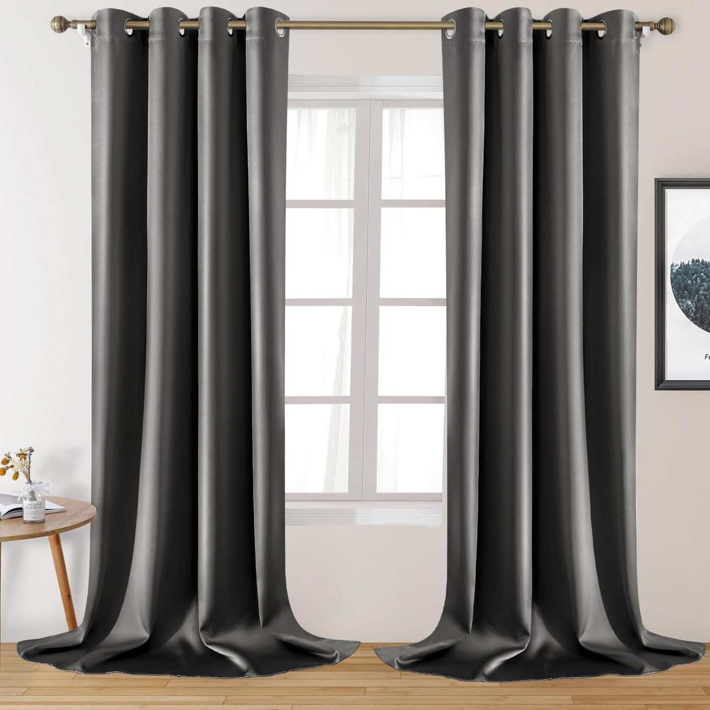 HOMEIDEAS Gold Blackout Curtains, Faux Silk for Bedroom 52 X 84 Inch Room Darkening Satin Thermal Insulated Drapes for Window, Indoor, Living Room, 2 Panels  HOMEIDEAS Dark Grey 52" X 108" 