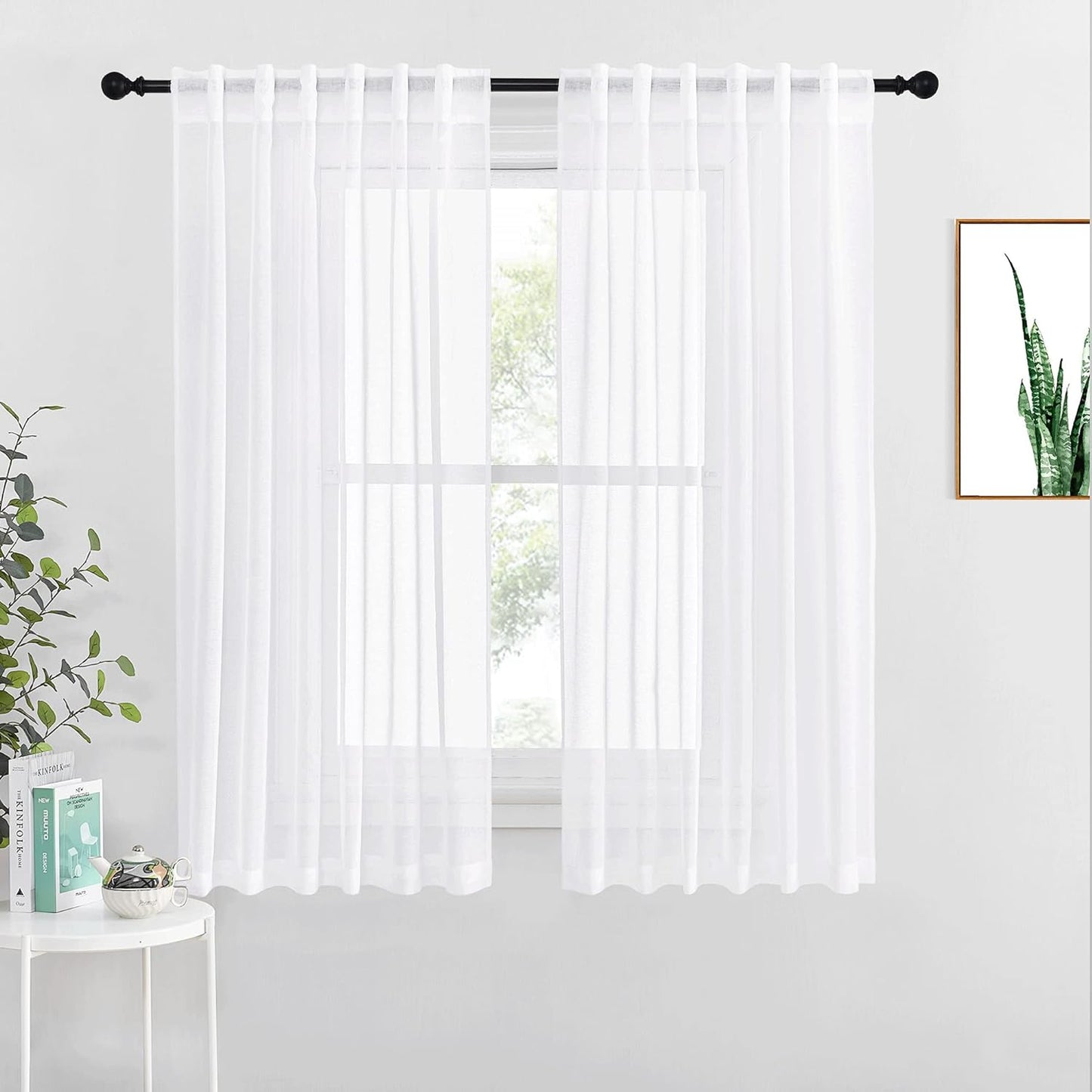 NICETOWN White Semi Sheer Curtains for Living Room- Linen Texture Light Airy Drapes, Rod Pocket & Back Tab Design Voile Panels for Large Window, Set of 2, 55 X 108 Inch  NICETOWN White W55 X L63 