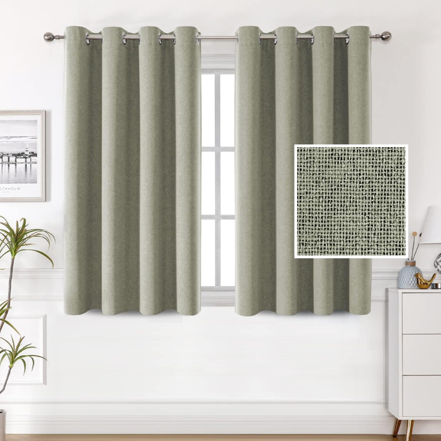 H.VERSAILTEX 100% Blackout Linen Look Curtains Thermal Insulated Curtains for Living Room Textured Burlap Drapes for Bedroom Grommet Linen Noise Blocking Curtains 42 X 84 Inch, 2 Panels - Sage  H.VERSAILTEX Sage 52"W X 54"L 