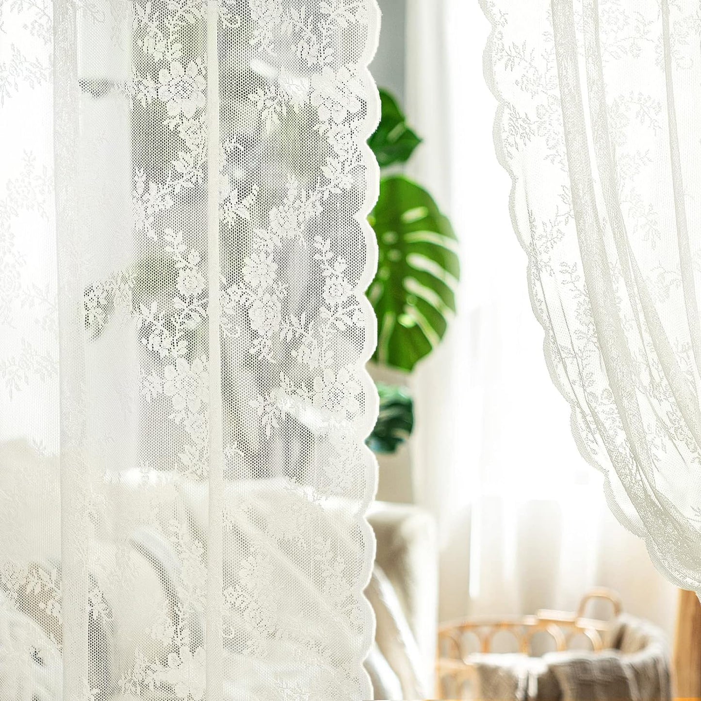 MIULEE White Lace Curtains 84 Inches Long for Living Room Bedroom, Scalloped Sheer Curtains Rose Floral Embroidered Farmhouse Window Drapes Vintage European Tulle Retro Style, Rod Pocket, 2 Panels Set  MIULEE Ivory 58 W X 84 L 