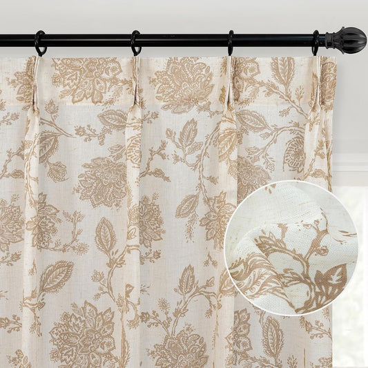 Driftaway Pinch Pleat Linen Textured Thermal Window Curtains for Living Room Bedroom Linen Curtains 2 Panels 52 Inches Wide by 84 Inches Long Semi Sheer Drapes Back Tabs Jacobean Floral Natural Beige  DriftAway   