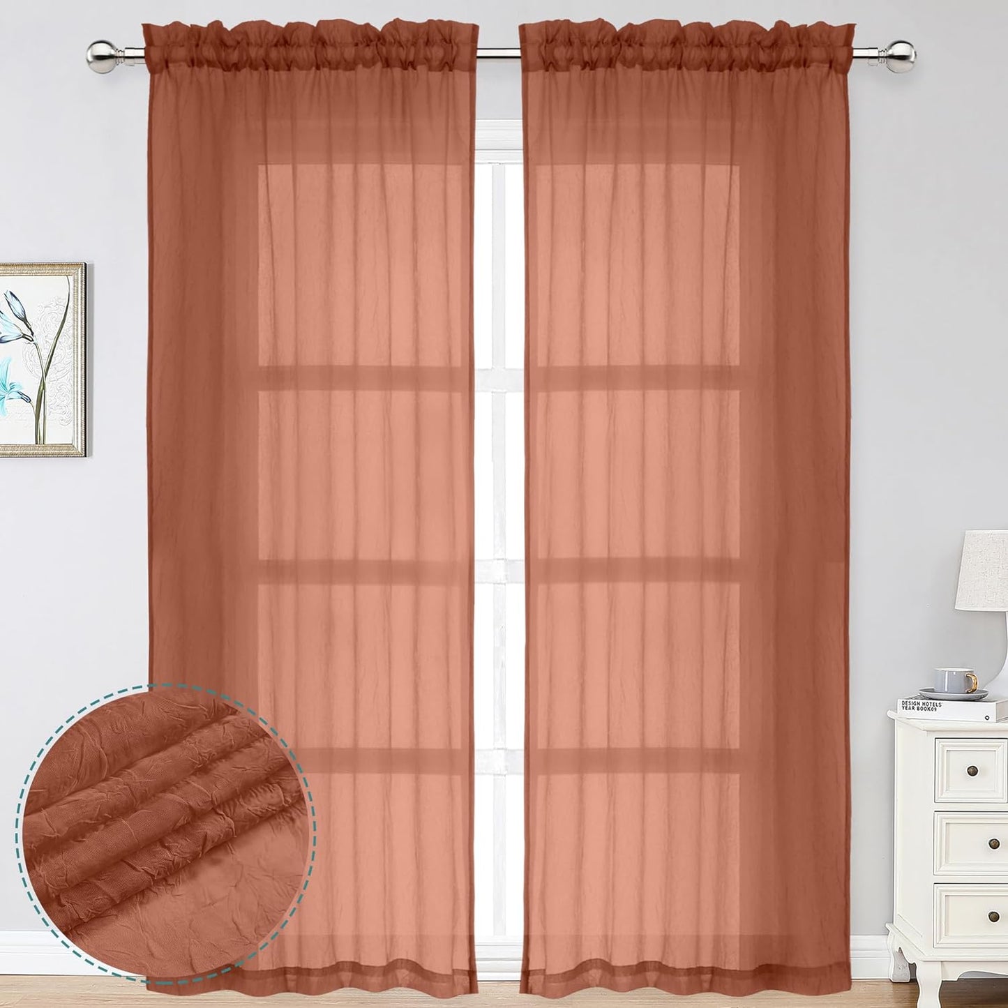 Chyhomenyc Crushed White Sheer Valances for Window 14 Inch Length 2 PCS, Crinkle Voile Short Kitchen Curtains with Dual Rod Pockets，Gauzy Bedroom Curtain Valance，Each 42Wx14L Inches  Chyhomenyc Rust 40 W X 96 L 
