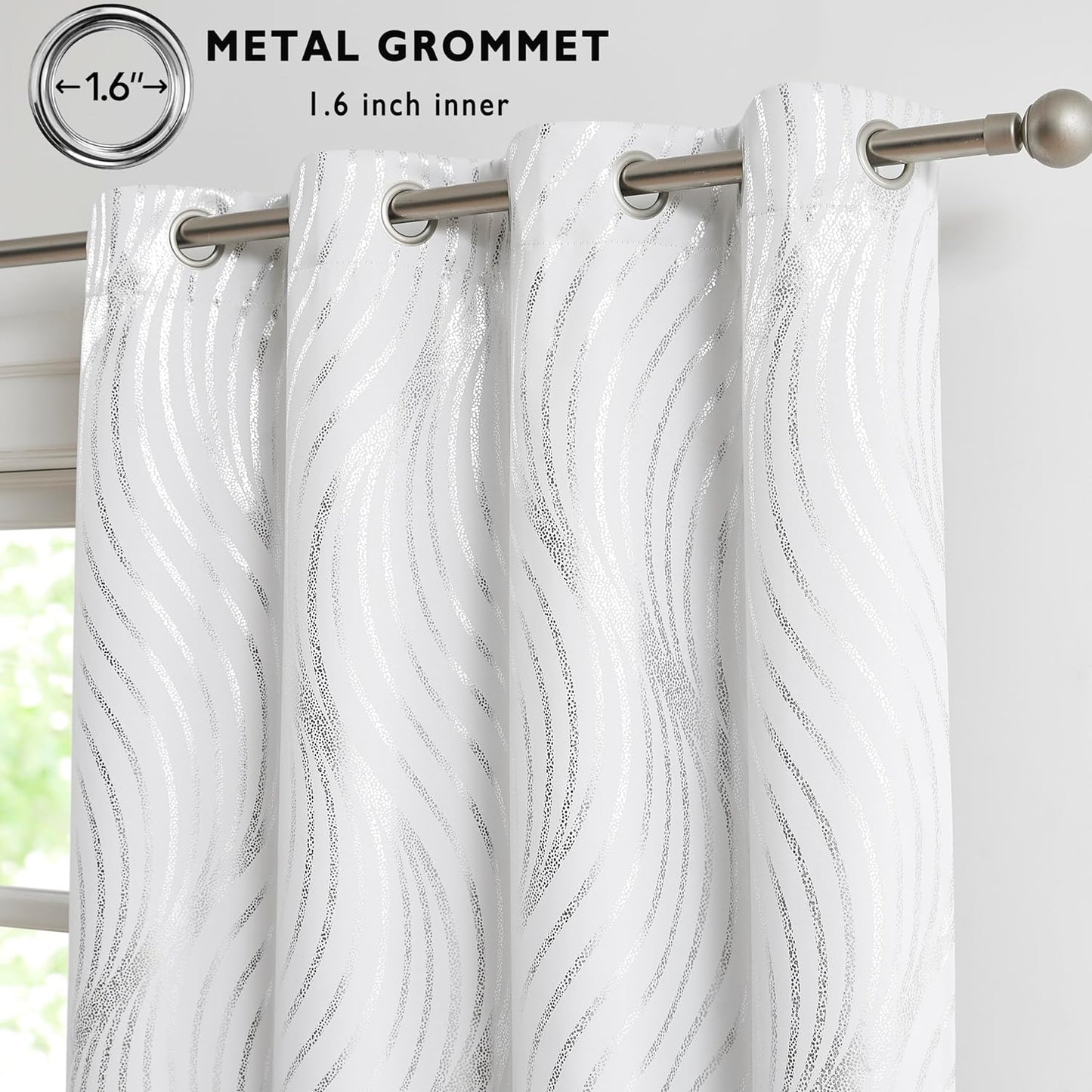Xwincel Full Blackout Curtains with Silver Metallic Wave Print,84 Inches Long Thermal Insulated Sound Proof Window Treatments for Living Room Bedroom, Grommets Top Design,White,52W X 84L,2 Panel Sets  Xwincel   
